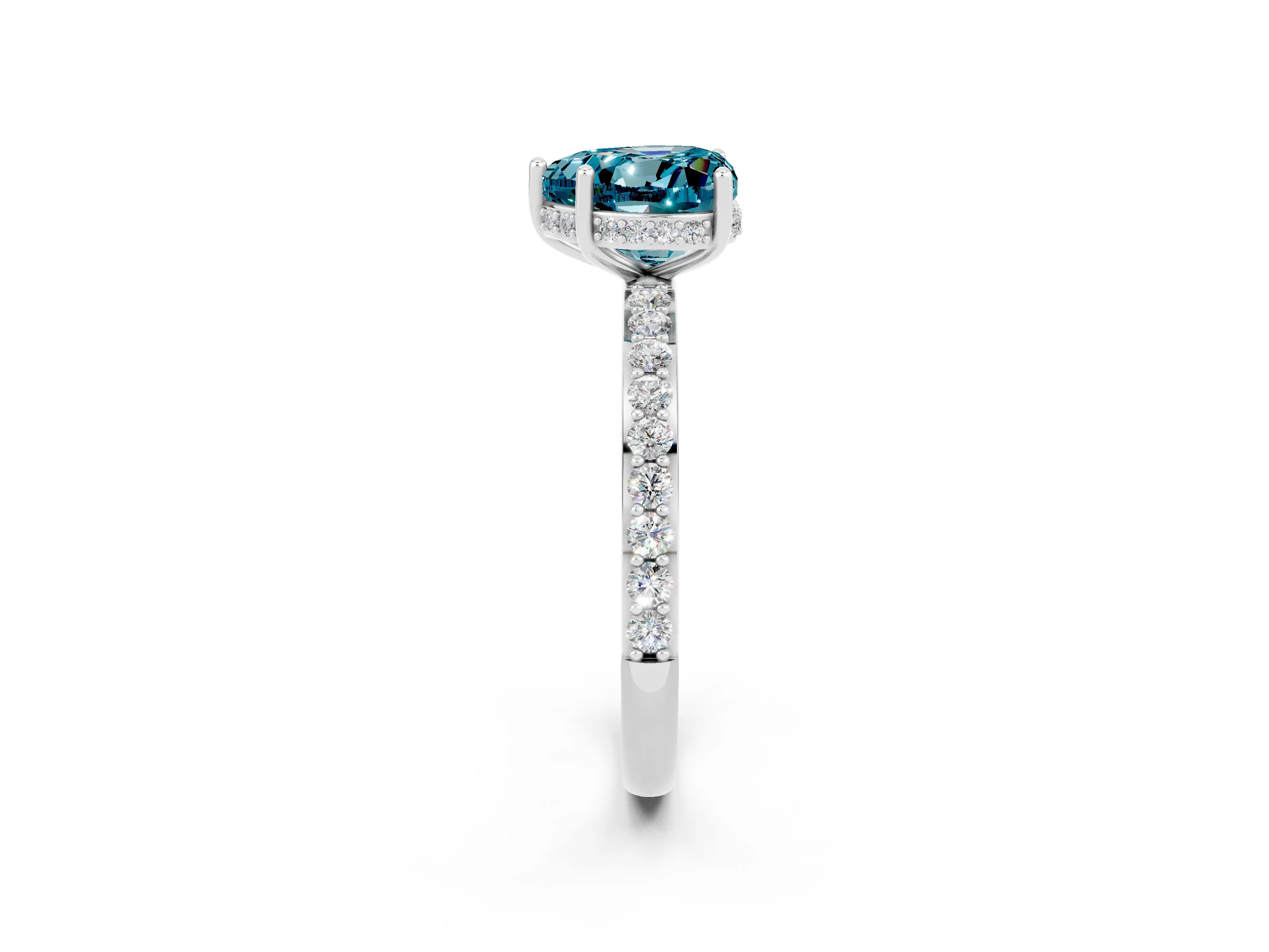 White gold Heart Cut Blue Topaz Solitaire Ring with Pavé Band and Hidden Halo_56