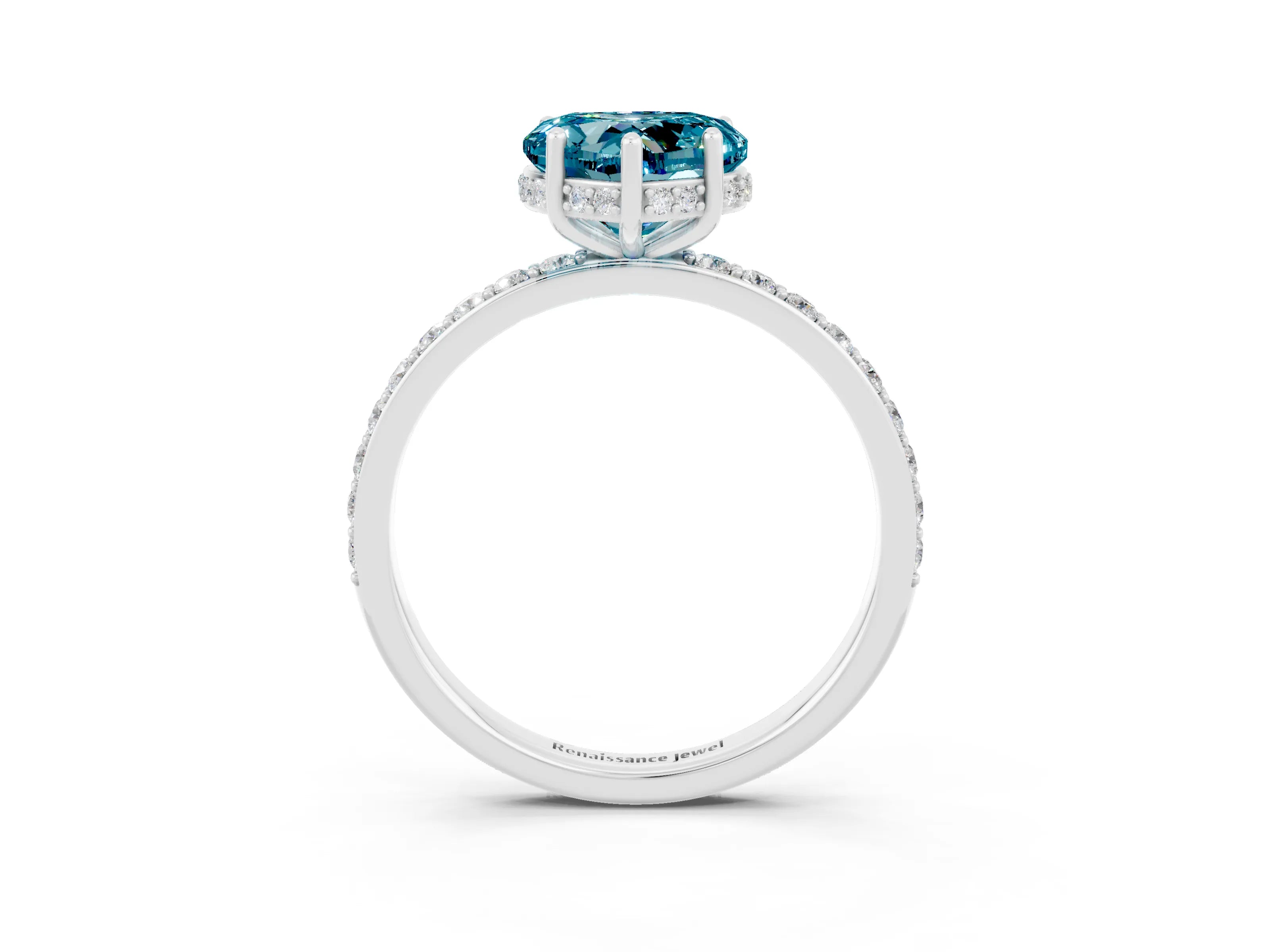 White gold Heart Cut Blue Topaz Solitaire Ring with Pavé Band and Hidden Halo_57