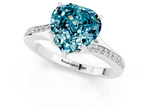 White gold Heart Cut Blue Topaz Solitaire Ring with Pavé Band and Prong Setting_13
