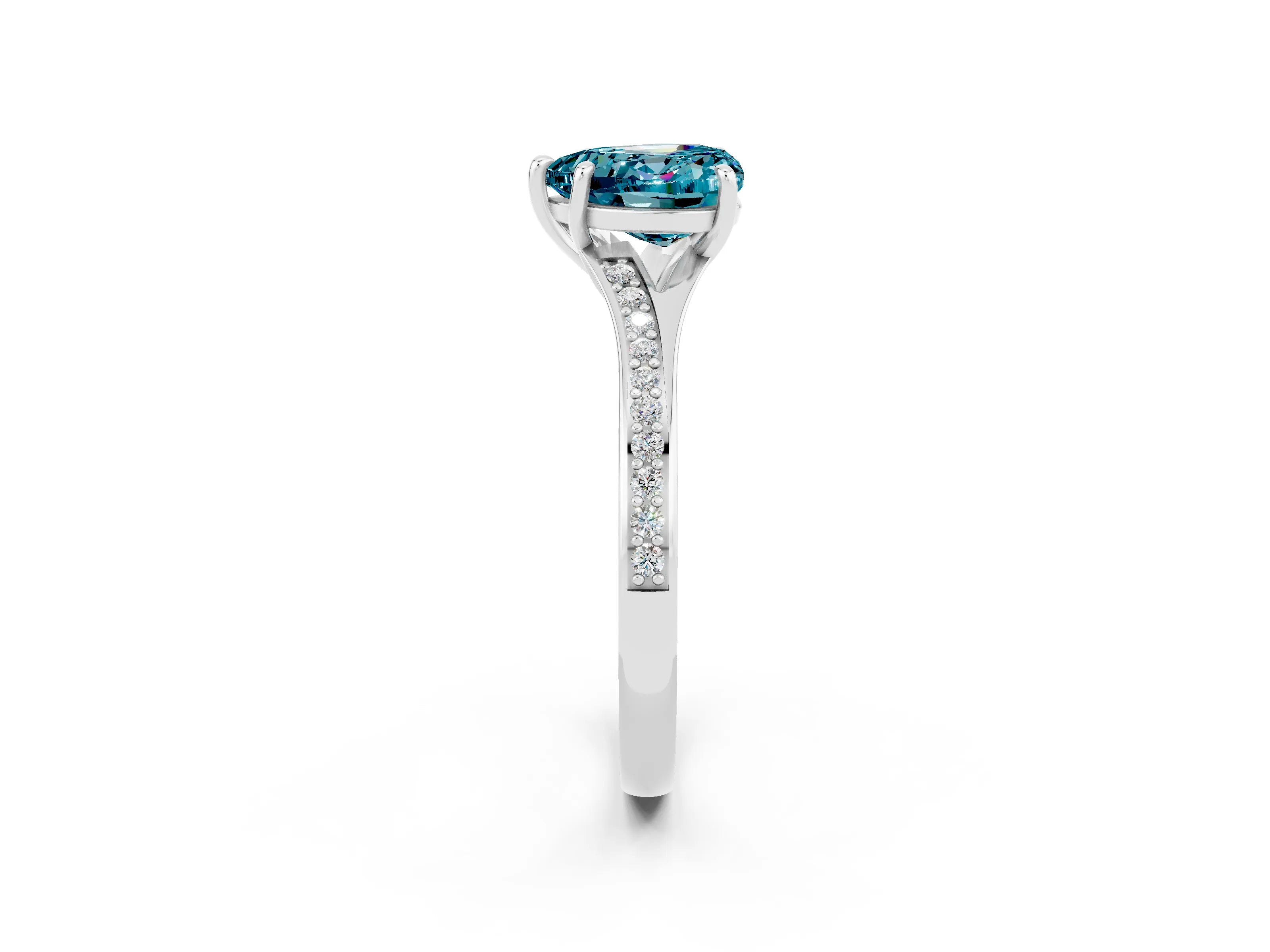 White gold Heart Cut Blue Topaz Solitaire Ring with Pavé Band and Prong Setting_14