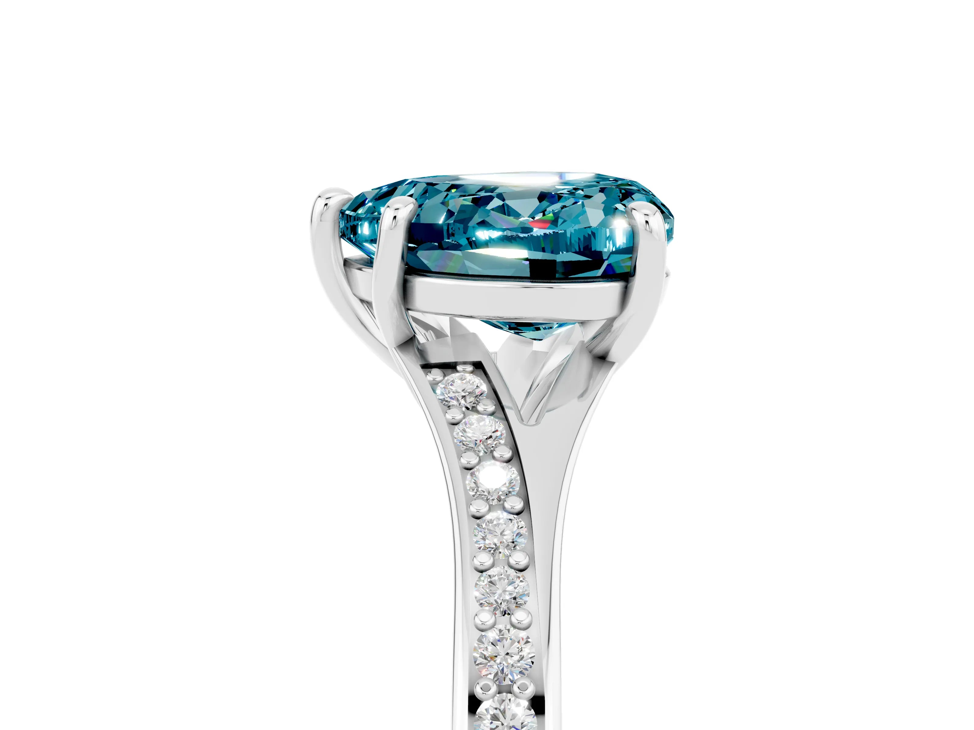 White gold Heart Cut Blue Topaz Solitaire Ring with Pavé Band and Prong Setting_17