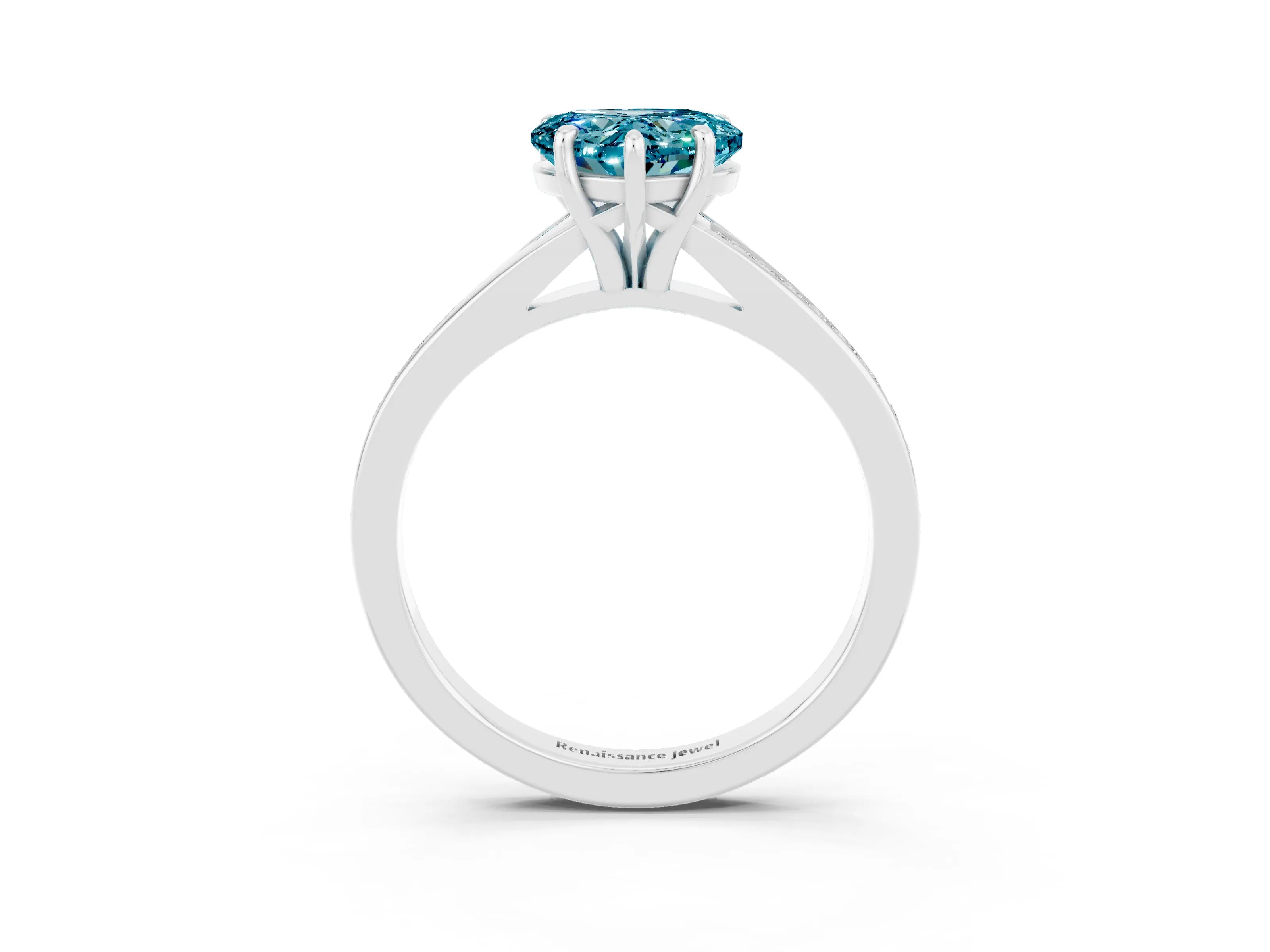 White gold Heart Cut Blue Topaz Solitaire Ring with Pavé Band and Prong Setting_3
