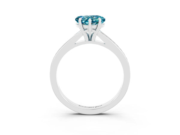 White gold Heart Cut Blue Topaz Solitaire Ring with Pavé Band and Prong Setting
