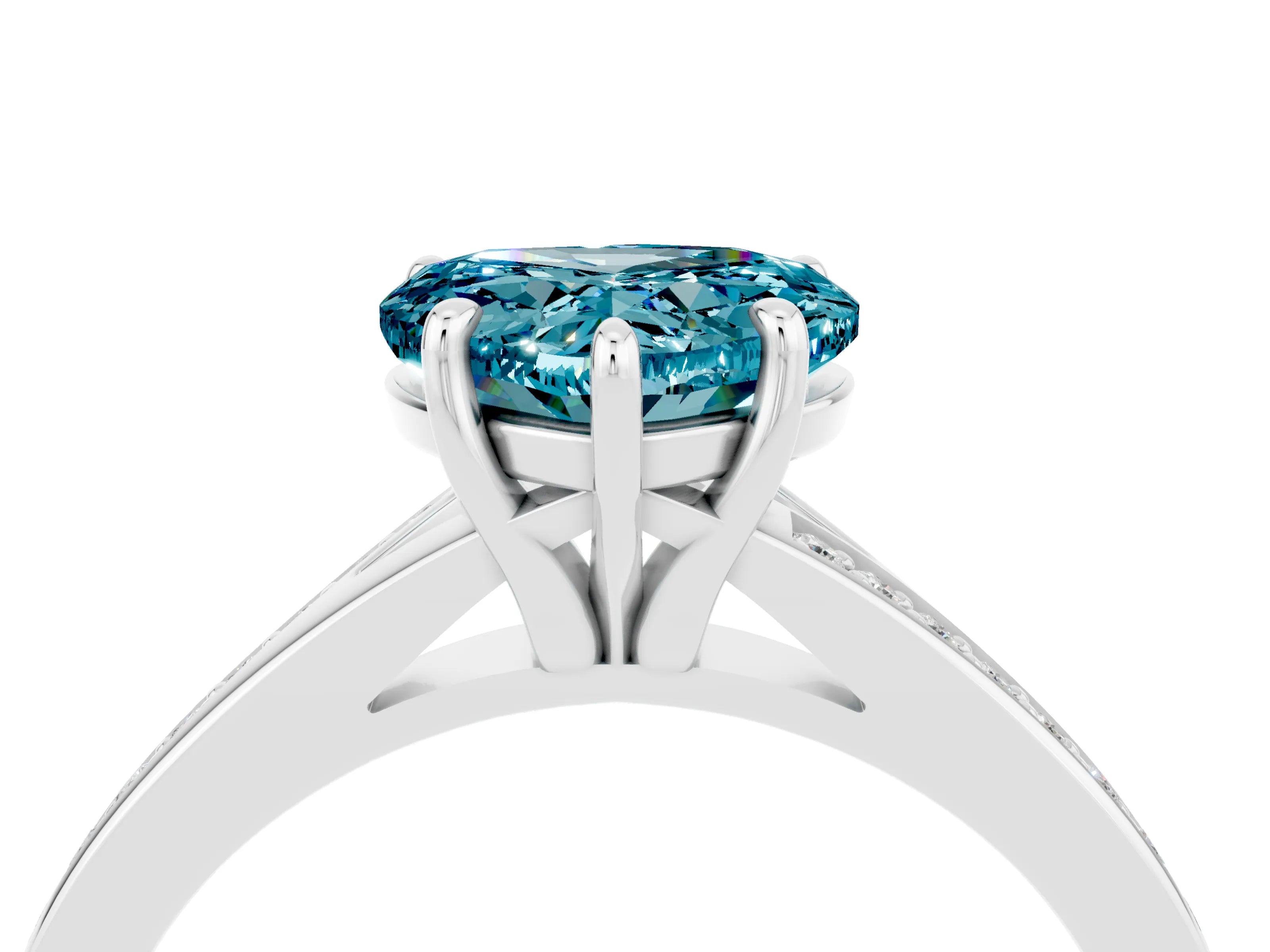 White gold Heart Cut Blue Topaz Solitaire Ring with Pavé Band and Prong Setting_4