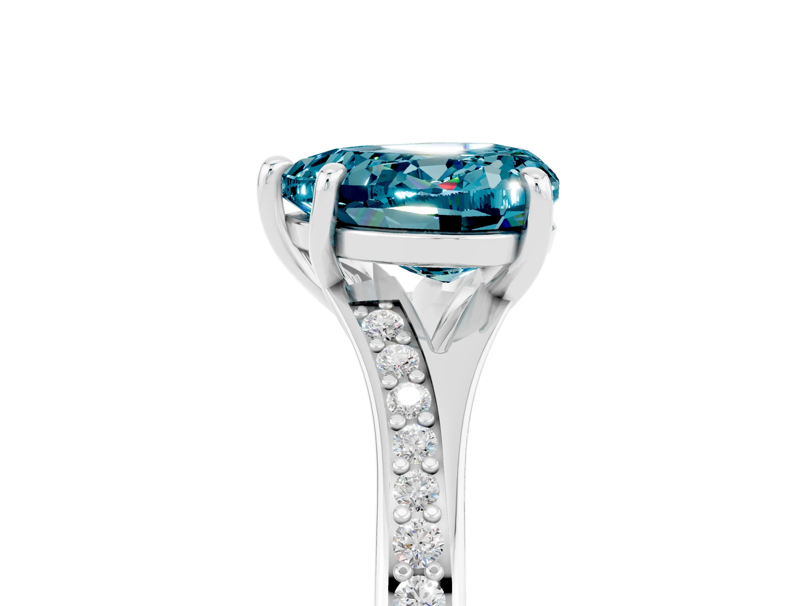 White gold Heart Cut Blue Topaz Solitaire Ring with Pavé Band and Prong Setting_5