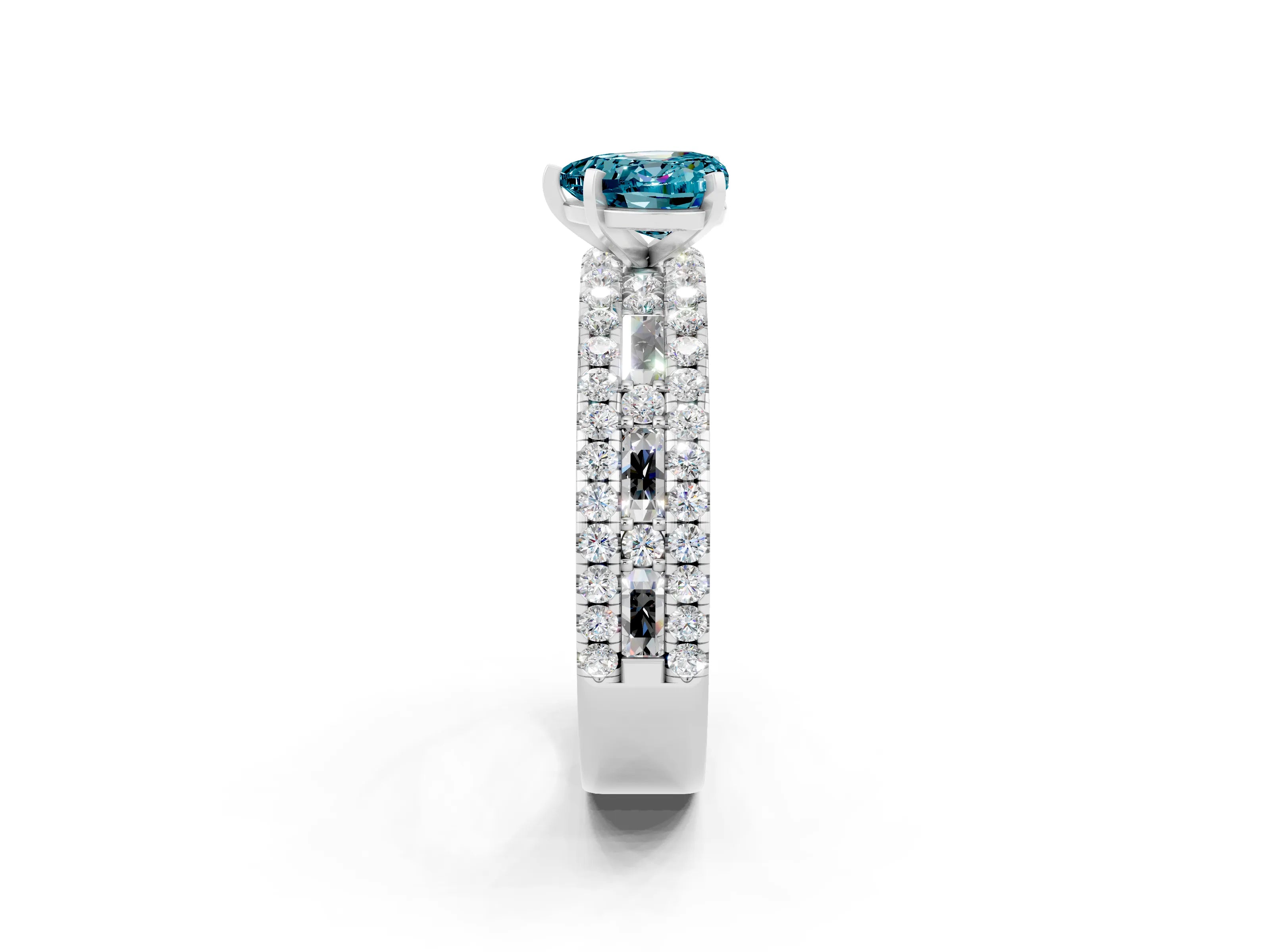 White gold Heart Cut Blue Topaz Solitaire Ring with Pavé and Channel Set Band_2