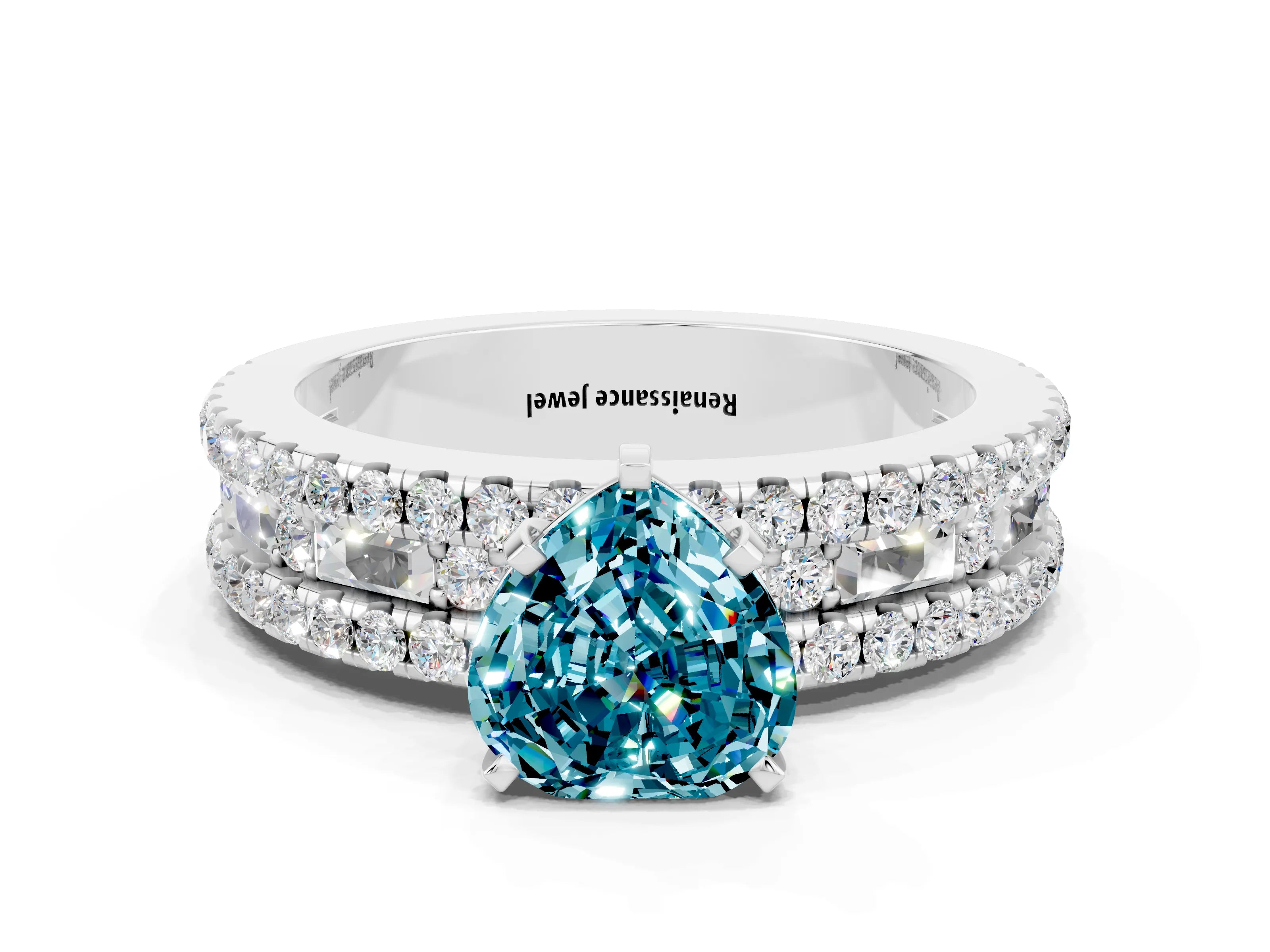 White gold Heart Cut Blue Topaz Solitaire Ring with Pavé and Channel Set Band
