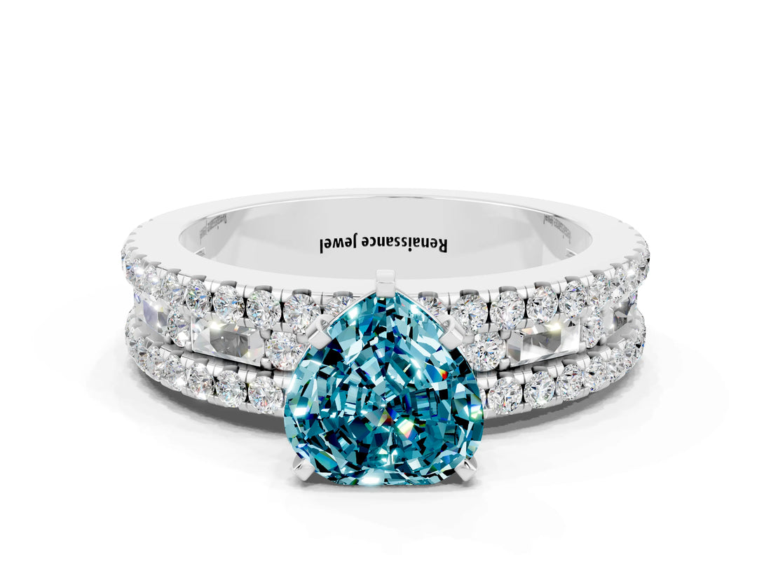 White gold Heart Cut Blue Topaz Solitaire Ring with Pavé and Channel Set Band