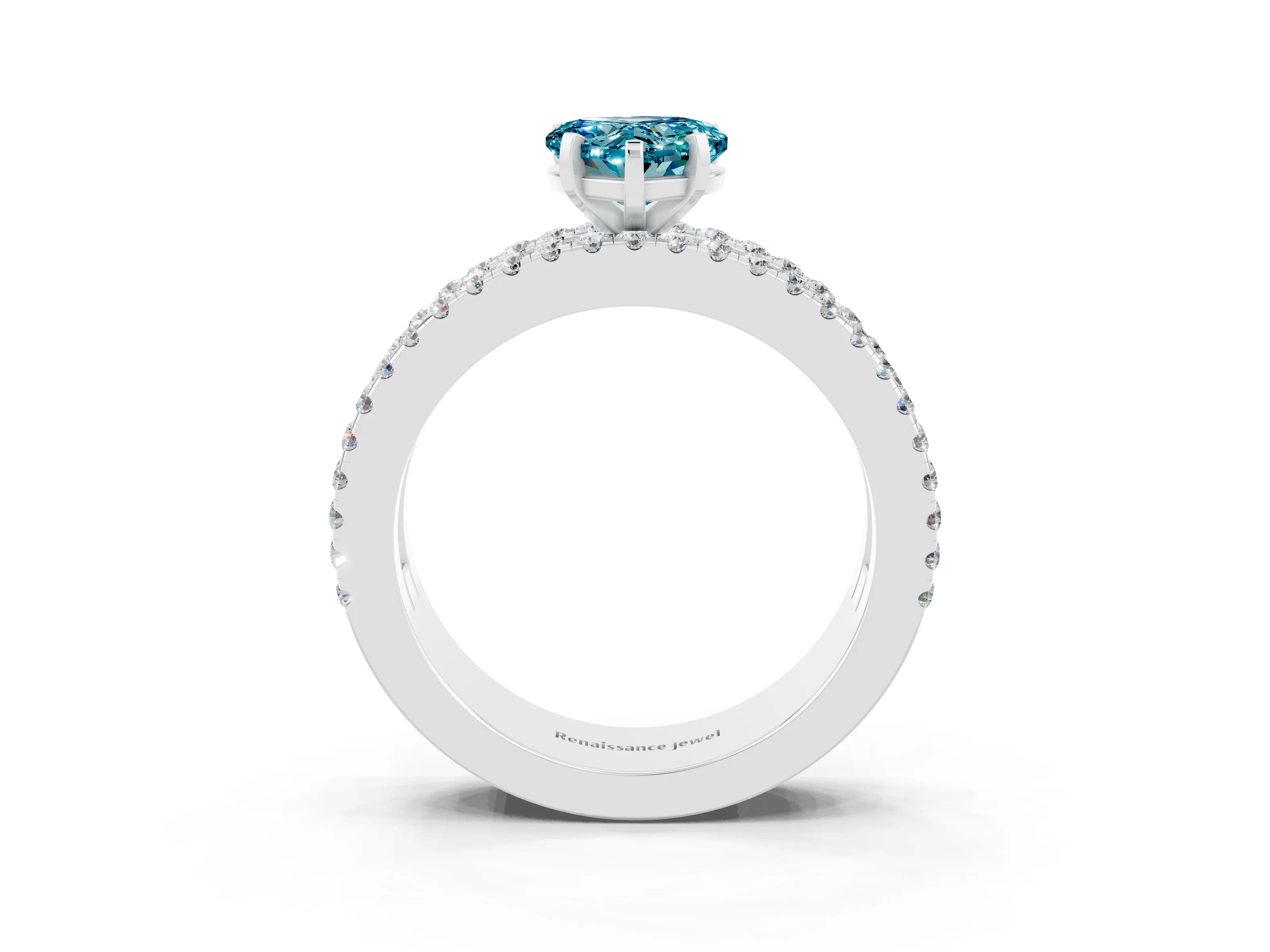 White gold Heart Cut Blue Topaz Solitaire Ring with Pavé and Channel Set Band_3