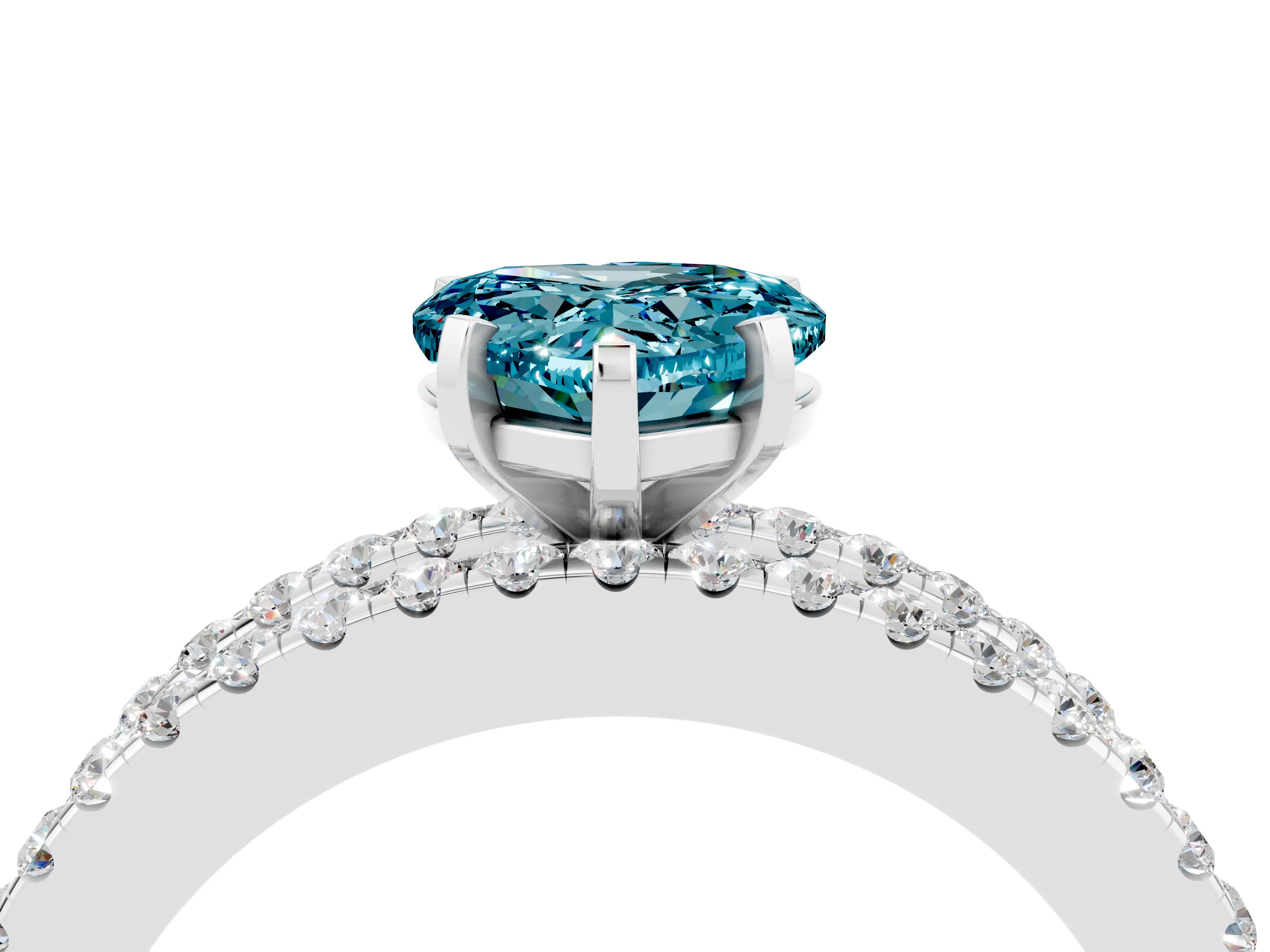 White gold Heart Cut Blue Topaz Solitaire Ring with Pavé and Channel Set Band_4