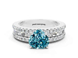 White gold Heart Cut Blue Topaz Solitaire Ring with Pavé and Channel Set Band