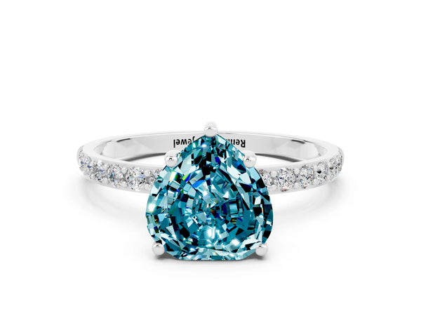 White gold Heart Cut Blue Topaz Solitaire Ring with Round  Pavé Band and Prong Setting