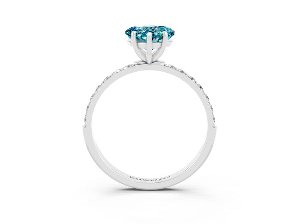 White gold Heart Cut Blue Topaz Solitaire Ring with Round  Pavé Band and Prong Setting