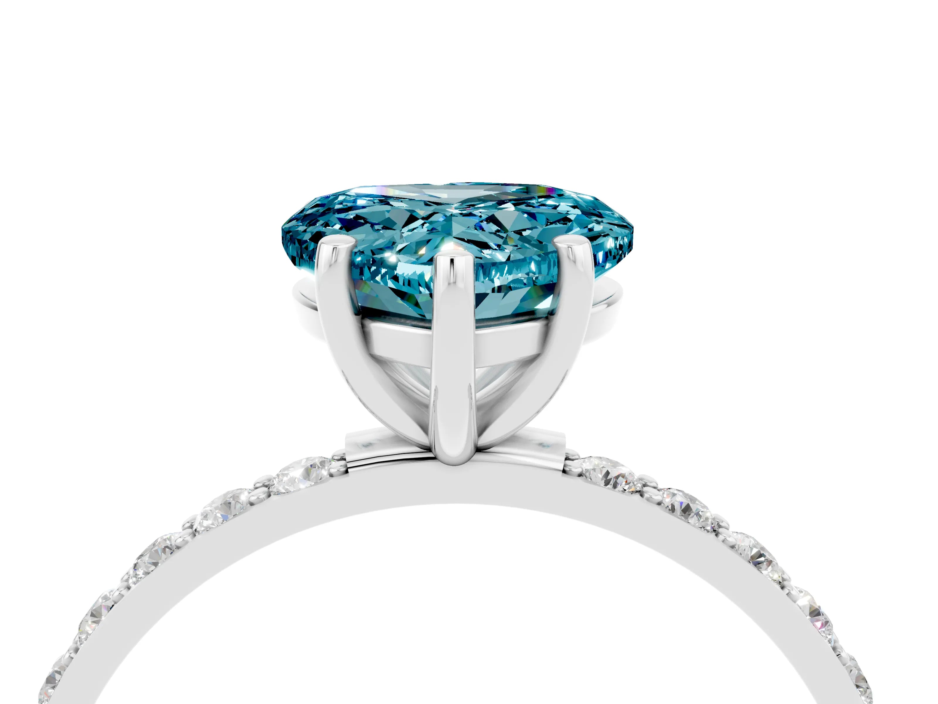 White gold Heart Cut Blue Topaz Solitaire Ring with Pave Band and Four Prong Setting_40
