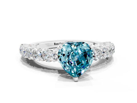 White gold Heart Cut Blue Topaz Solitaire Ring with Shared Prong Pavé Band and Four-Prong Setting_12