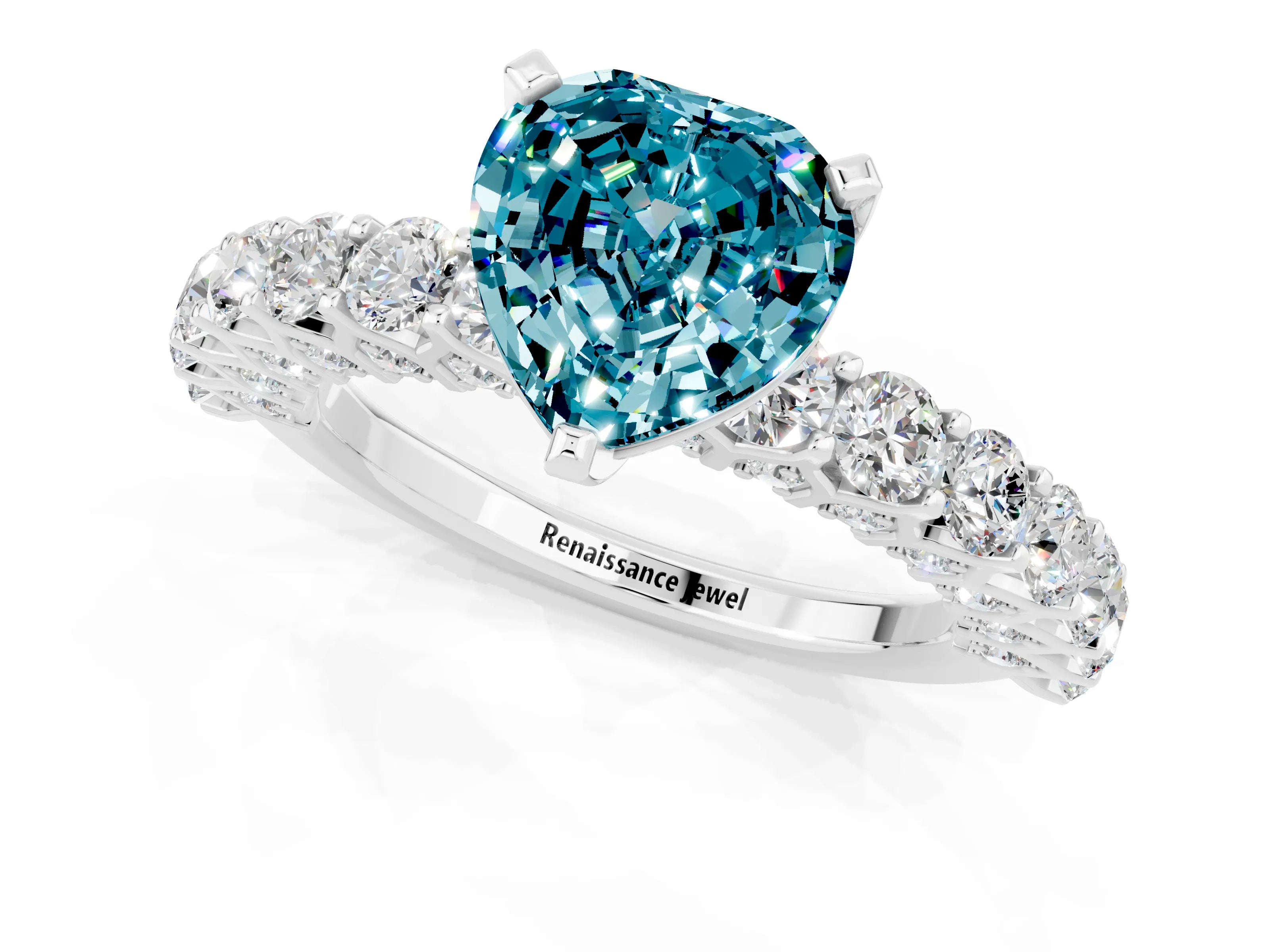White gold Heart Cut Blue Topaz Solitaire Ring with Shared Prong Pavé Band and Four-Prong Setting_13