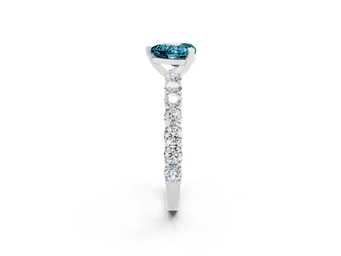 White gold Heart Cut Blue Topaz Solitaire Ring with Shared Prong Pavé Band and Four-Prong Setting_14