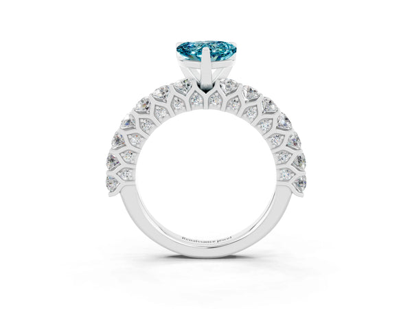 White gold Heart Cut Blue Topaz Solitaire Ring with Shared Prong Pavé Band and Four-Prong Setting