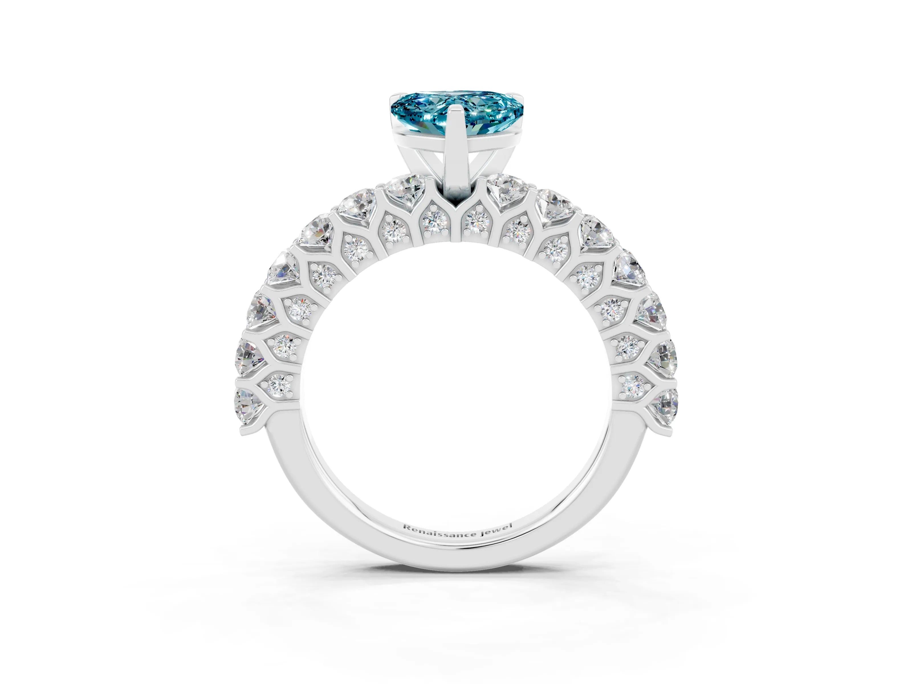 White gold Heart Cut Blue Topaz Solitaire Ring with Shared Prong Pavé Band and Four-Prong Setting_15