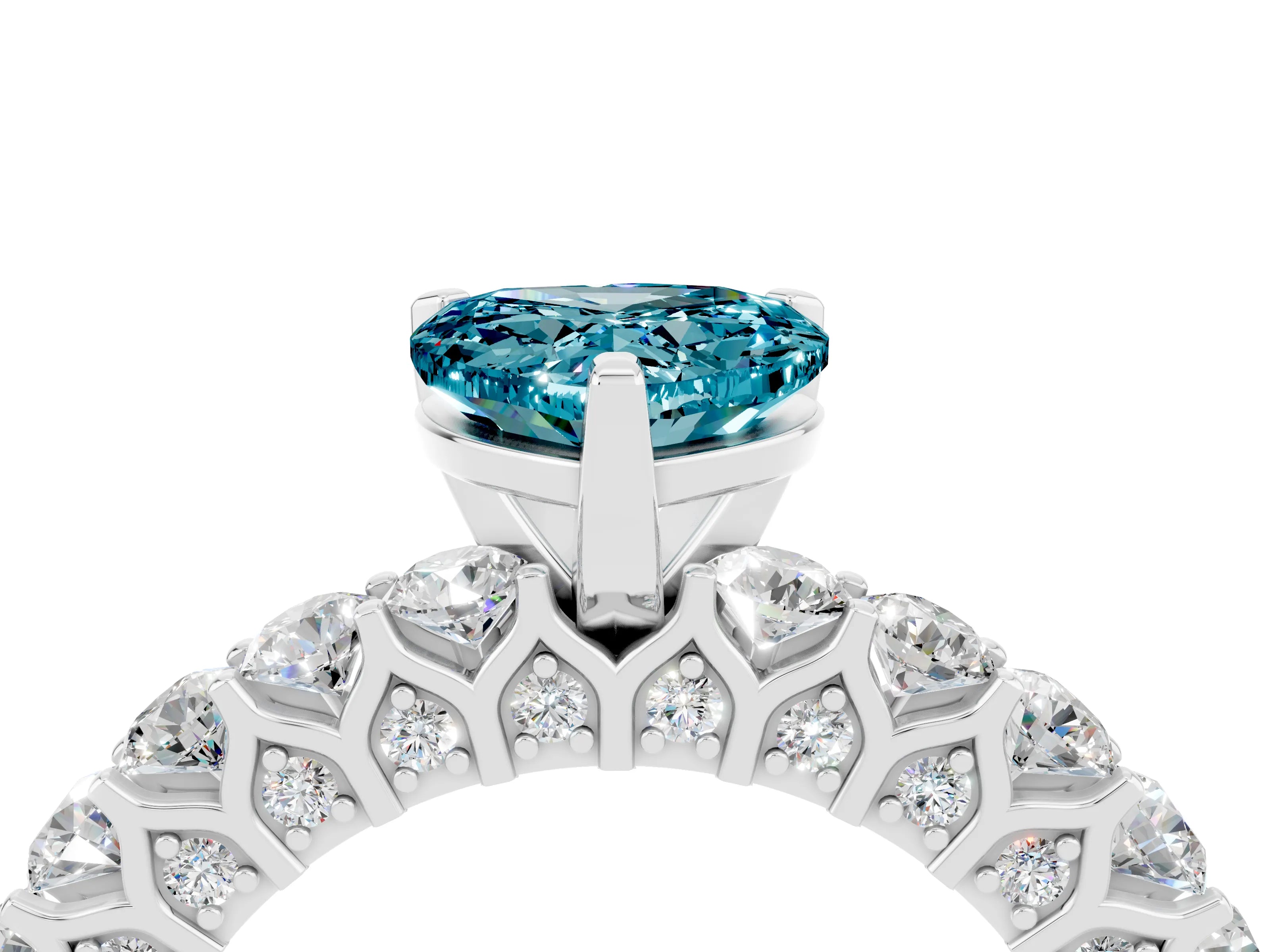 White gold Heart Cut Blue Topaz Solitaire Ring with Shared Prong Pavé Band and Four-Prong Setting_16