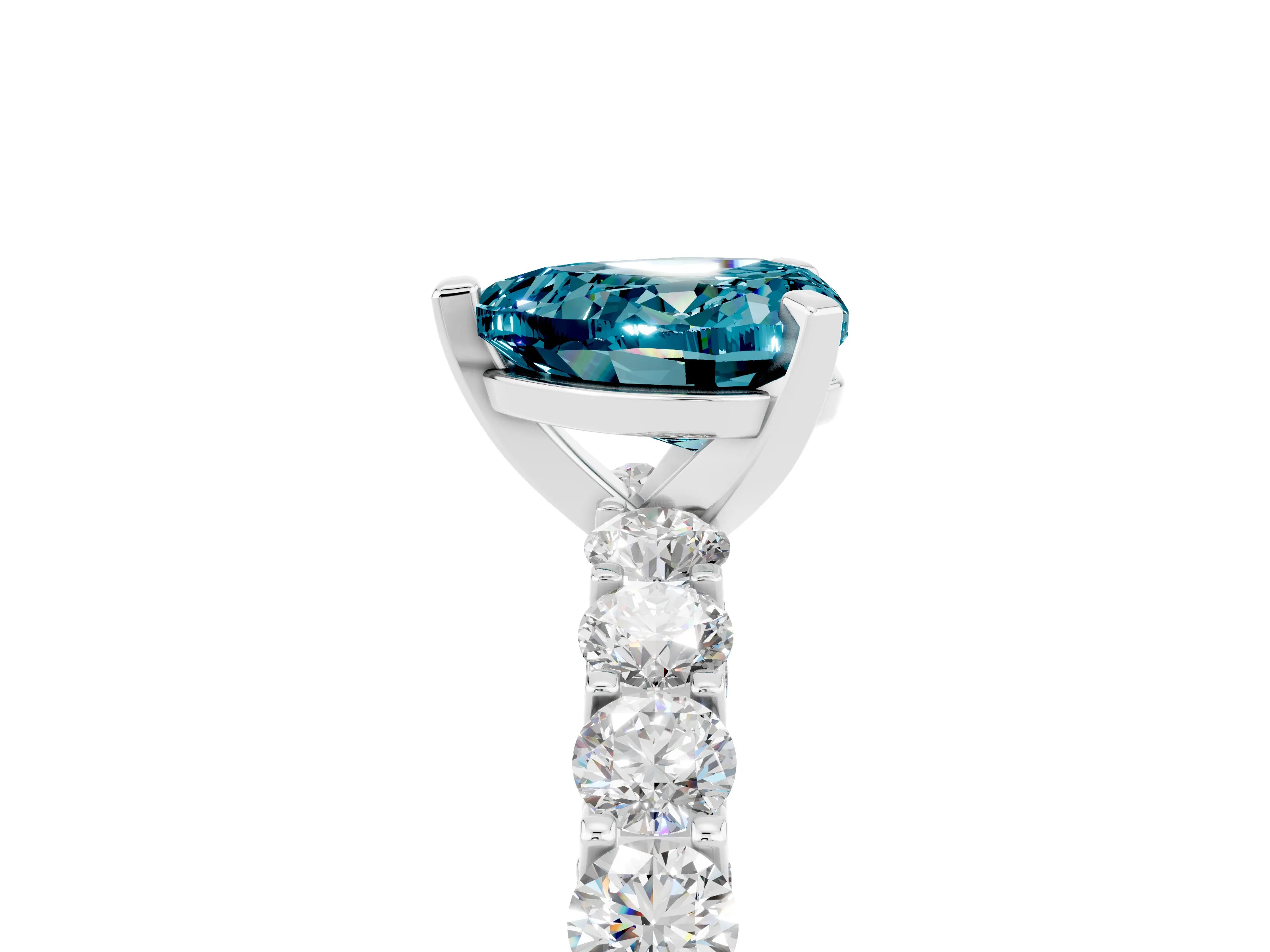 White gold Heart Cut Blue Topaz Solitaire Ring with Shared Prong Pavé Band and Four-Prong Setting_17