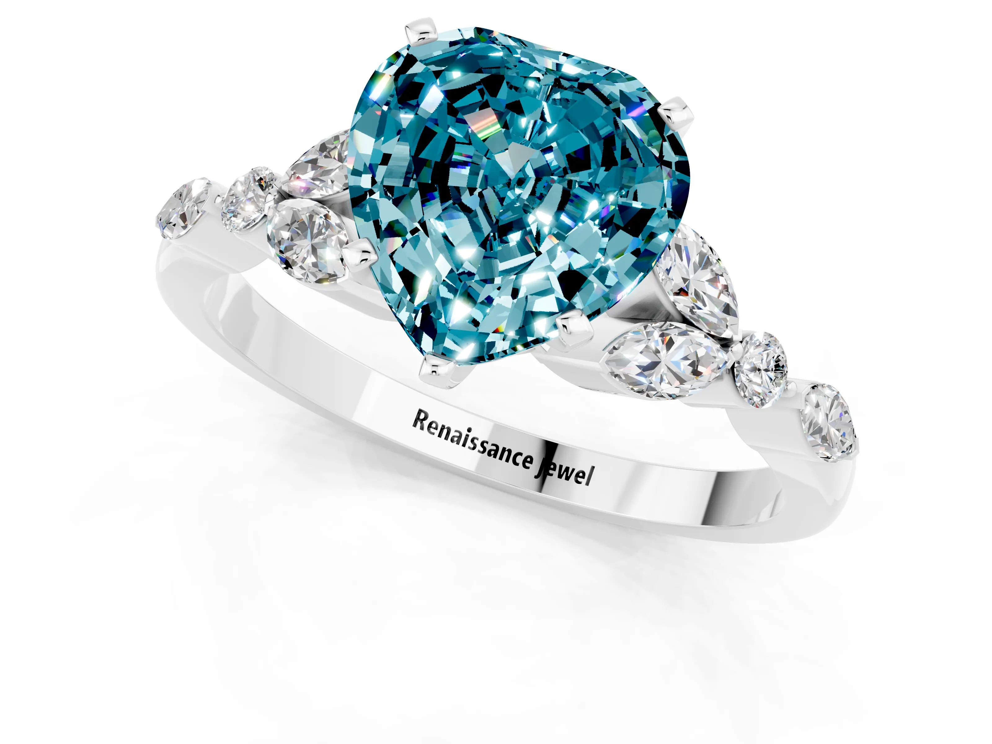 White gold Heart Cut Blue Topaz Solitaire Ring with Side Stones and Four-Prong Setting_35