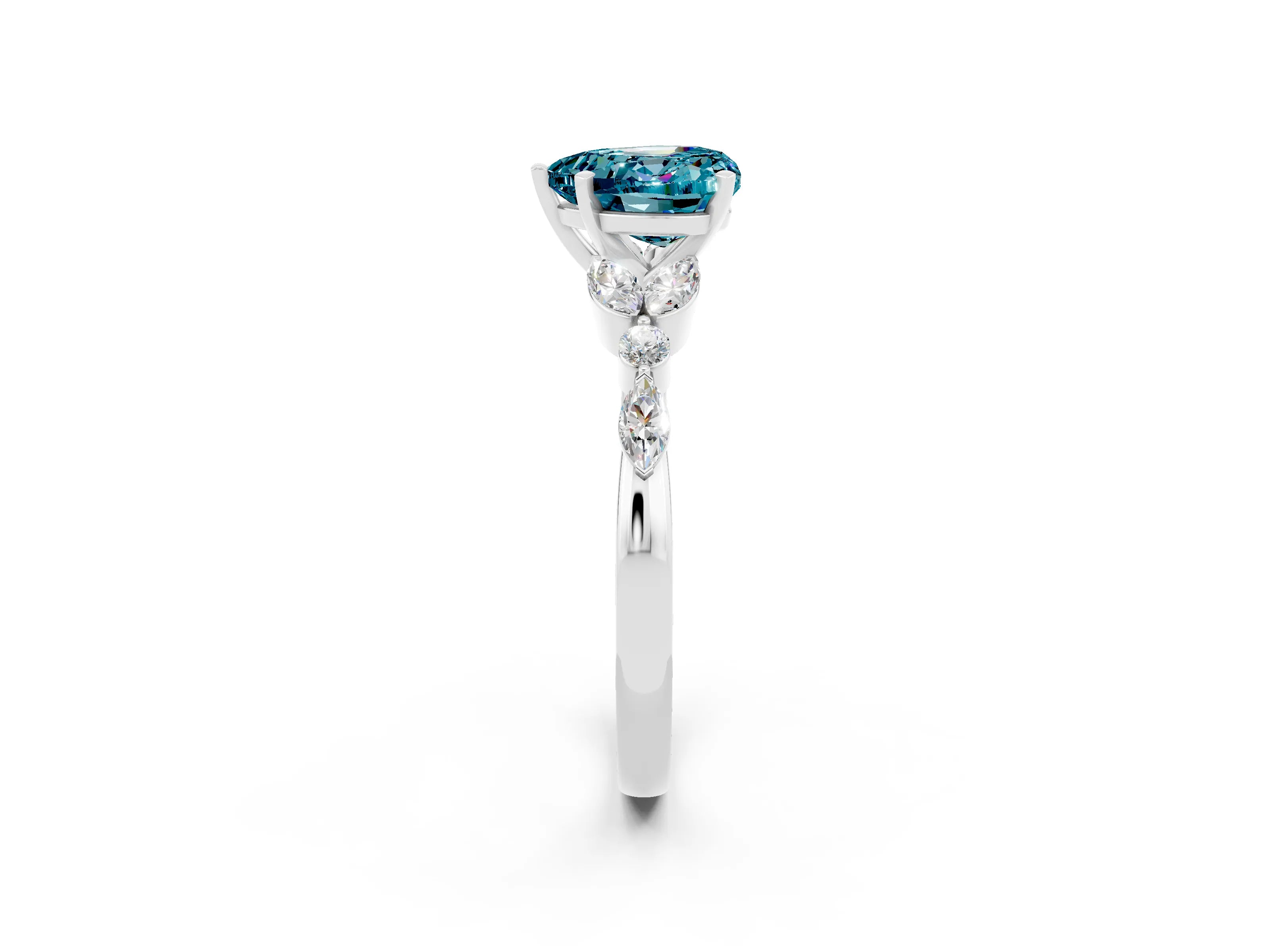 White gold Heart Cut Blue Topaz Solitaire Ring with Side Stones and Four-Prong Setting_36