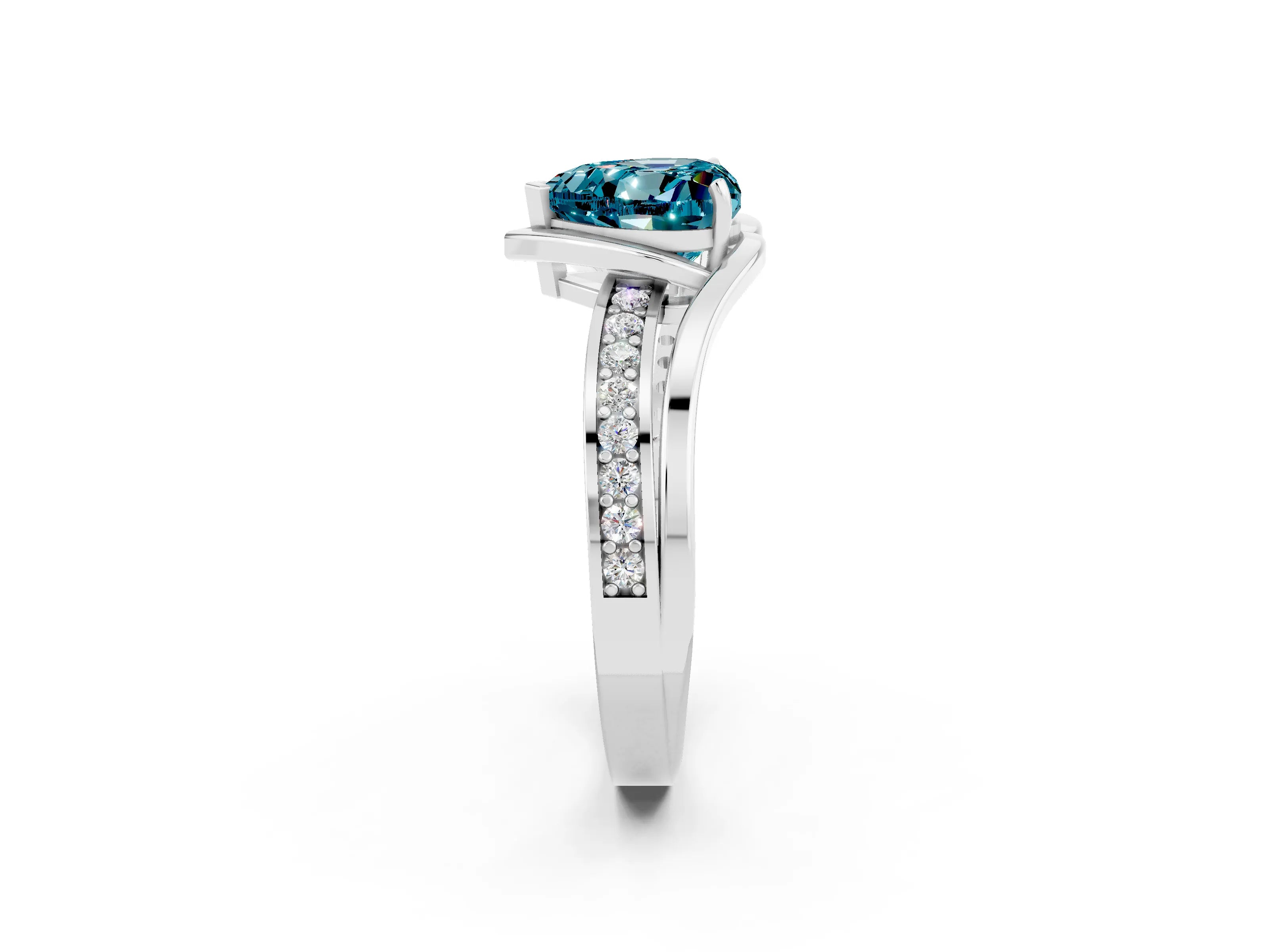 White gold Heart Cut Blue Topaz Solitaire Ring with Split Shank and Prong Setting_2