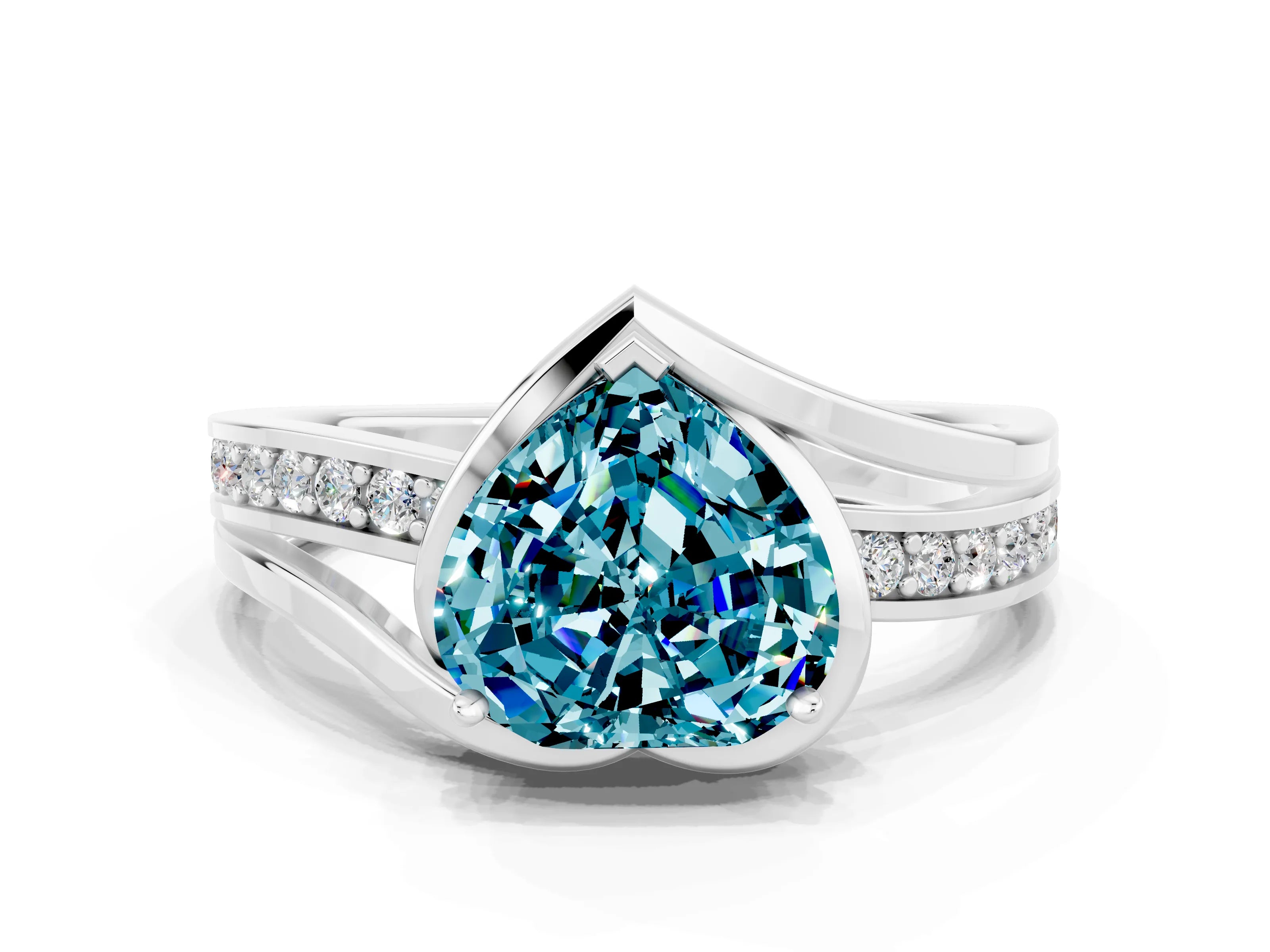 White gold Heart Cut Blue Topaz Solitaire Ring with Split Shank and Prong Setting