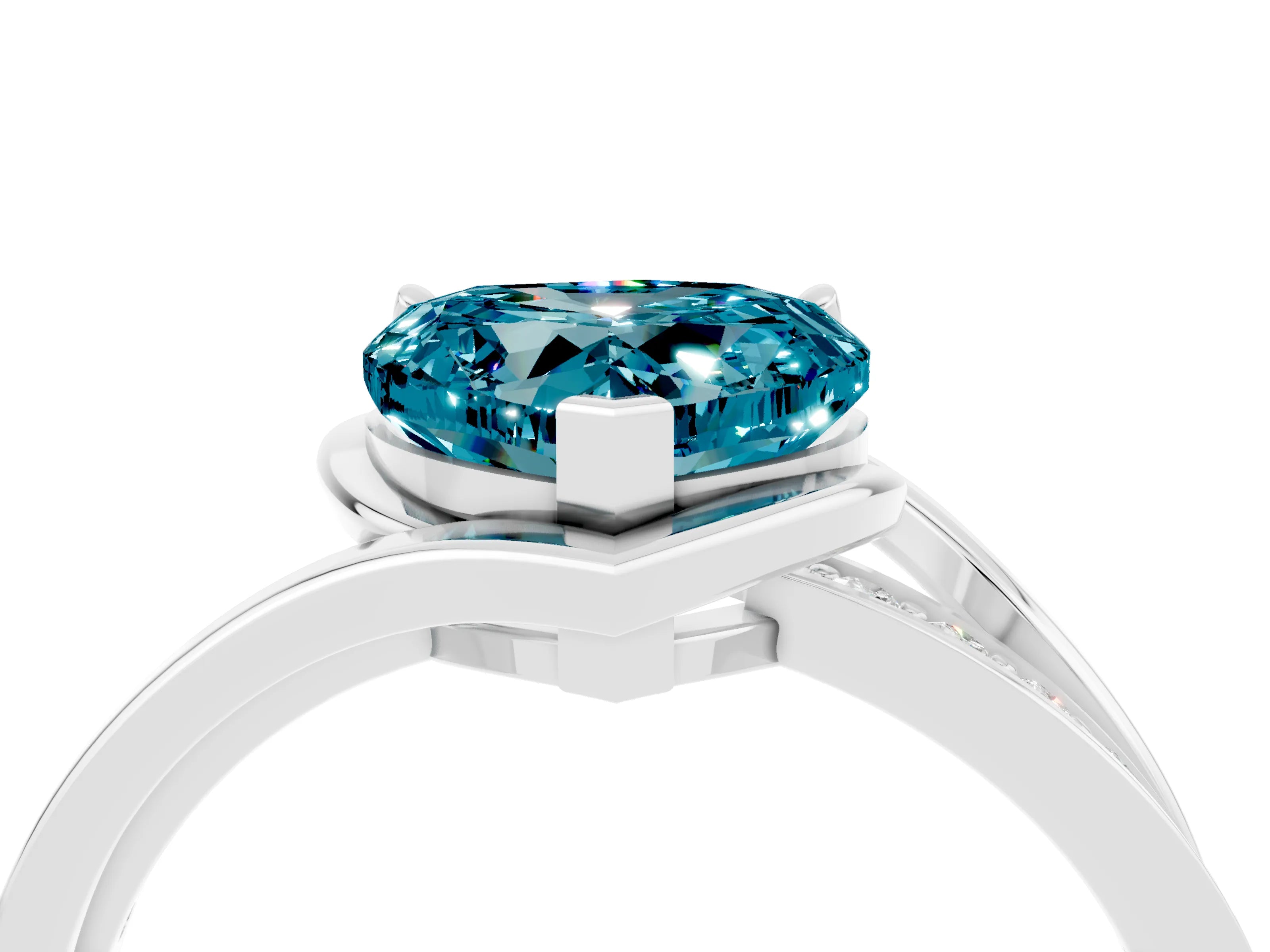 White gold Heart Cut Blue Topaz Solitaire Ring with Split Shank and Prong Setting_4