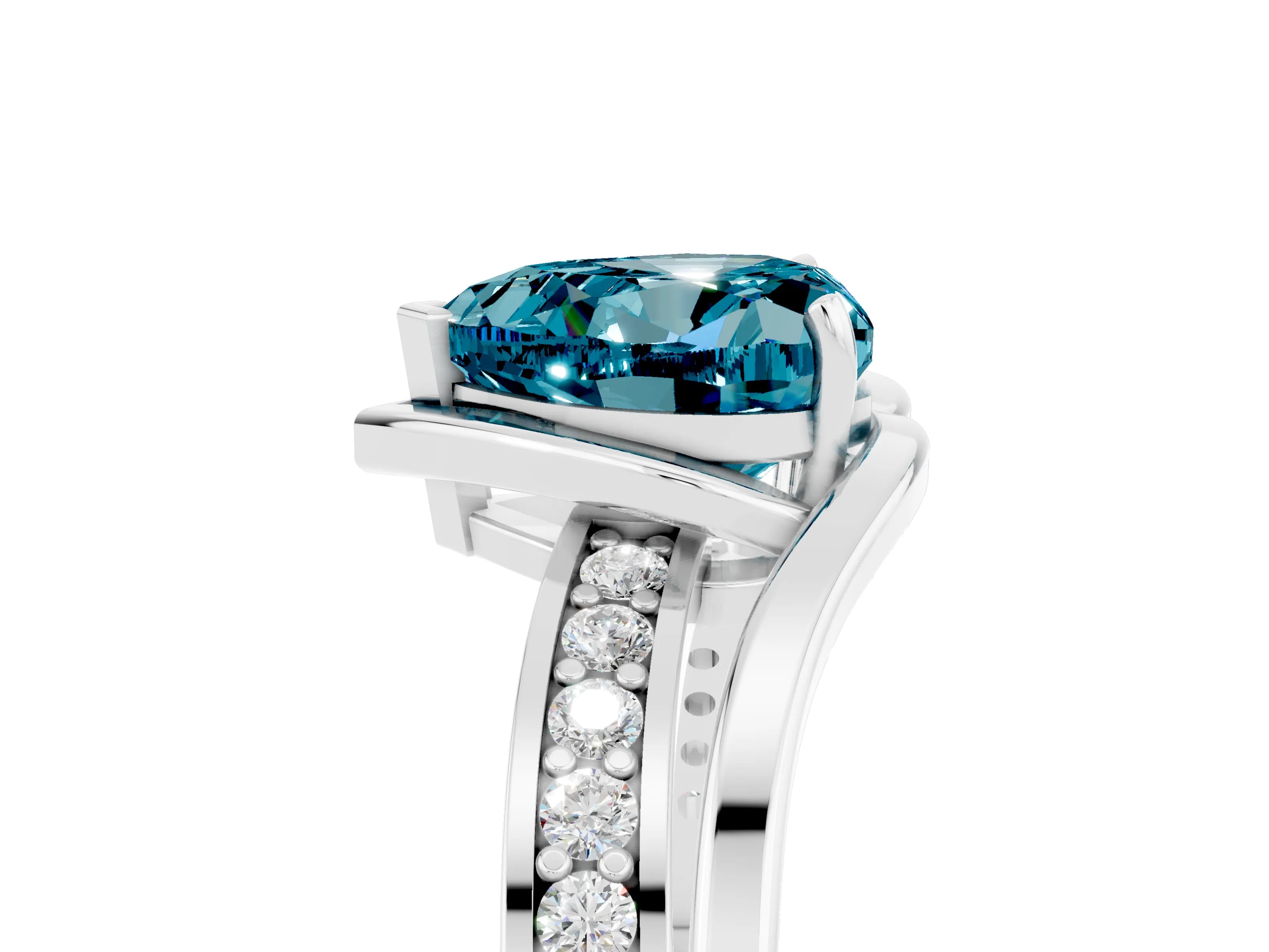 White gold Heart Cut Blue Topaz Solitaire Ring with Split Shank and Prong Setting_5