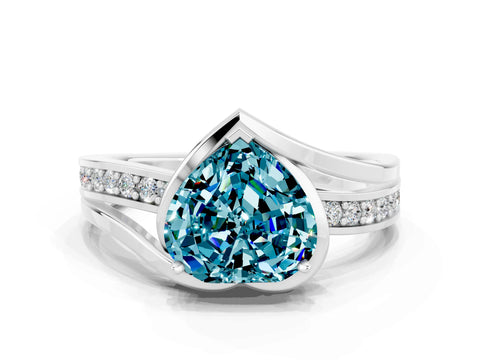 White gold Heart Cut Blue Topaz Solitaire Ring with Split Shank and Prong Setting
