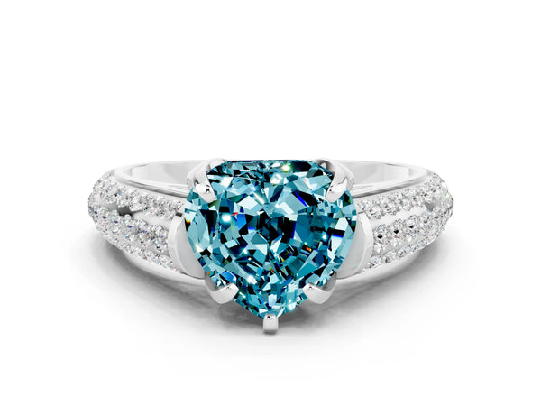 Silver Heart Cut Blue Topaz Solitaire Ring with Three-Row Pavé Band and Four-Prong Setting