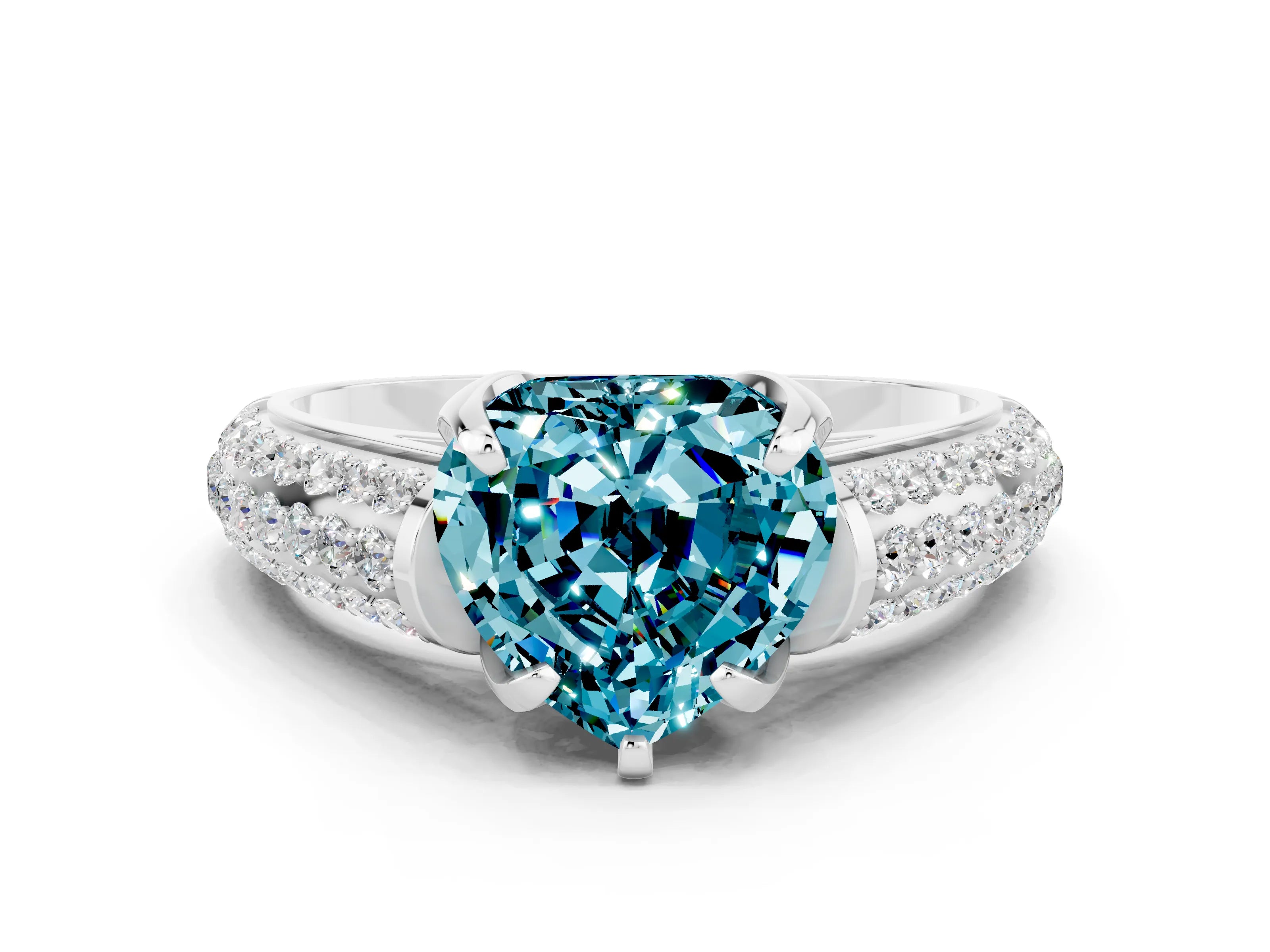 White gold Heart Cut Blue Topaz Solitaire Ring with Three-Row Pavé Band and Four-Prong Setting_12