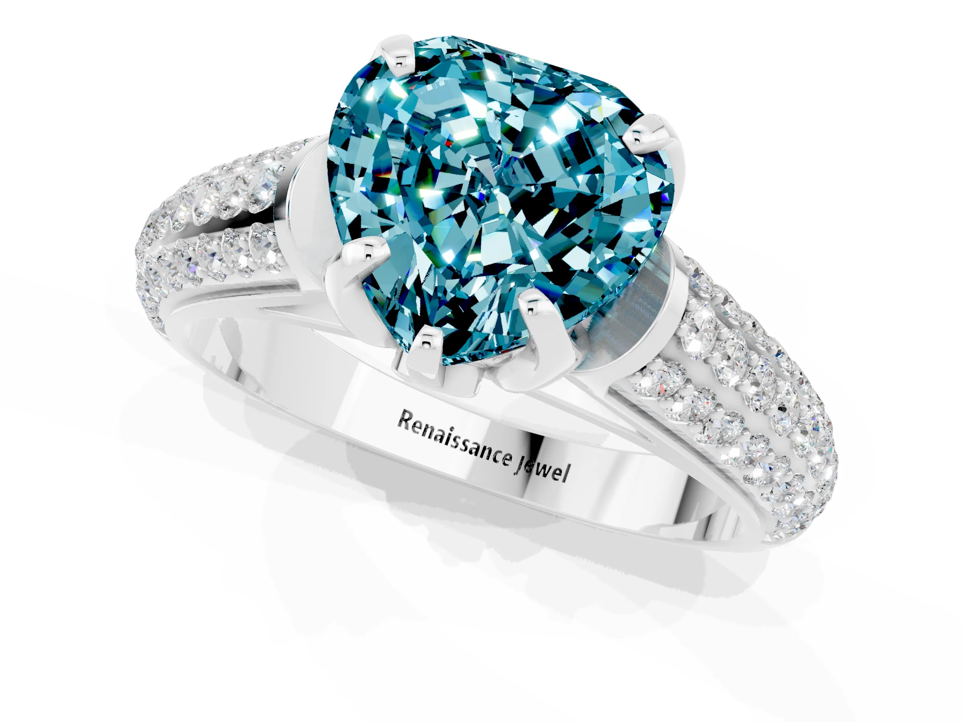 White gold Heart Cut Blue Topaz Solitaire Ring with Three-Row Pavé Band and Four-Prong Setting_13