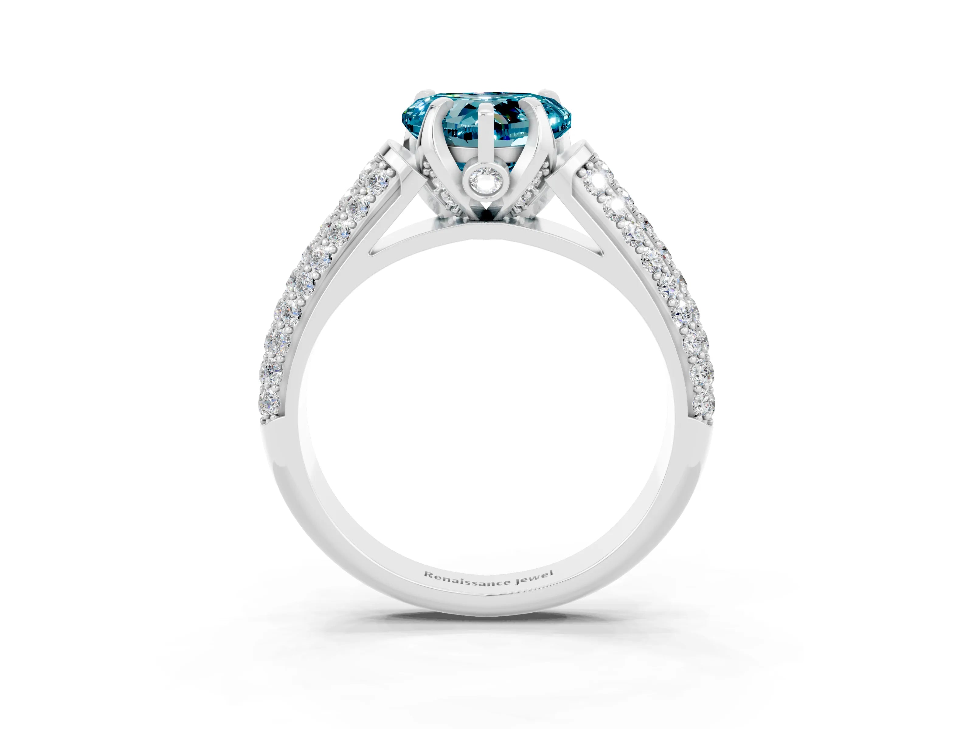 White gold Heart Cut Blue Topaz Solitaire Ring with Three-Row Pavé Band and Four-Prong Setting_15