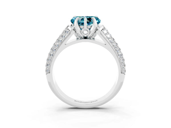 White gold Heart Cut Blue Topaz Solitaire Ring with Three-Row Pavé Band and Four-Prong Setting