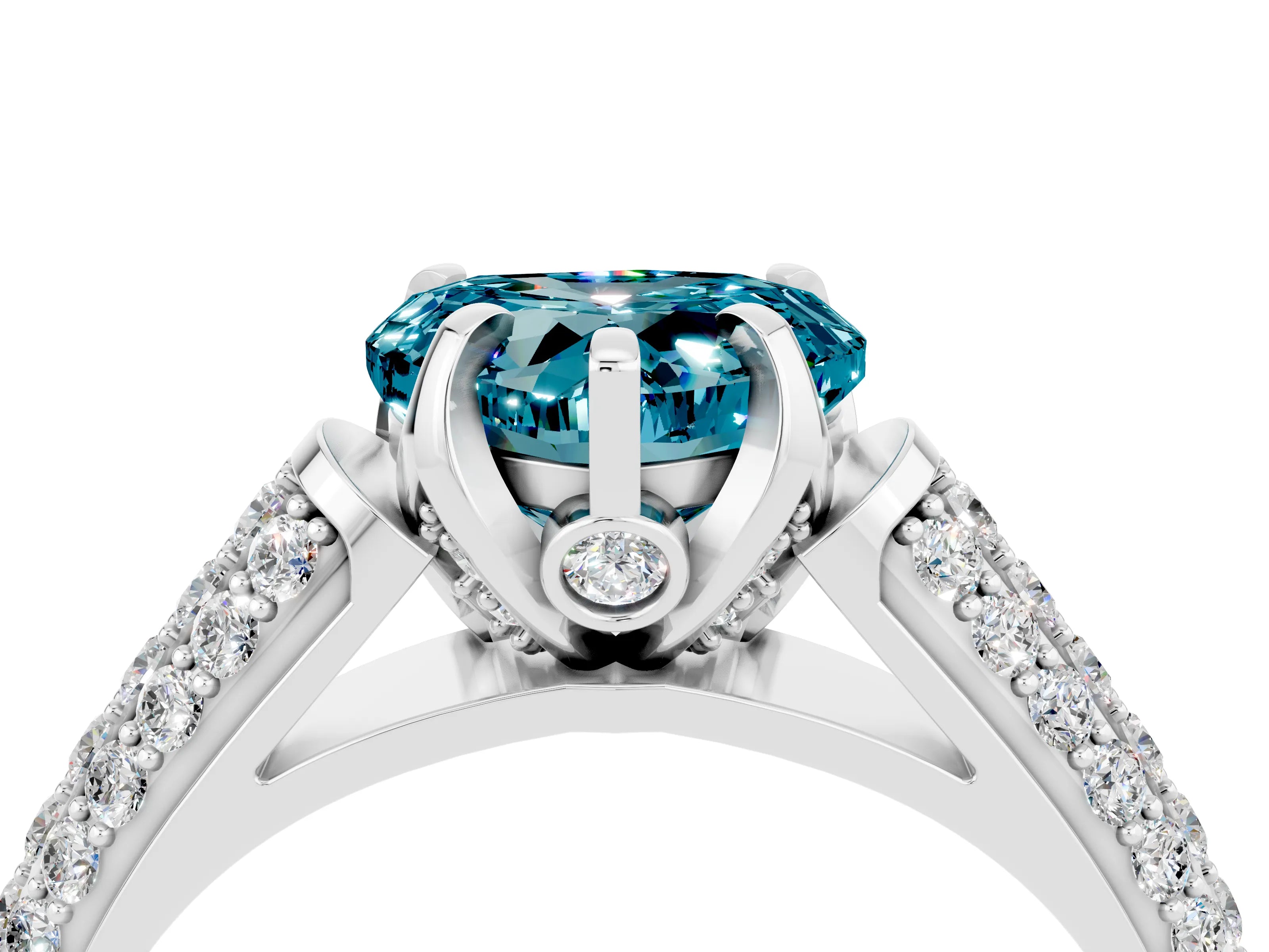White gold Heart Cut Blue Topaz Solitaire Ring with Three-Row Pavé Band and Four-Prong Setting_16