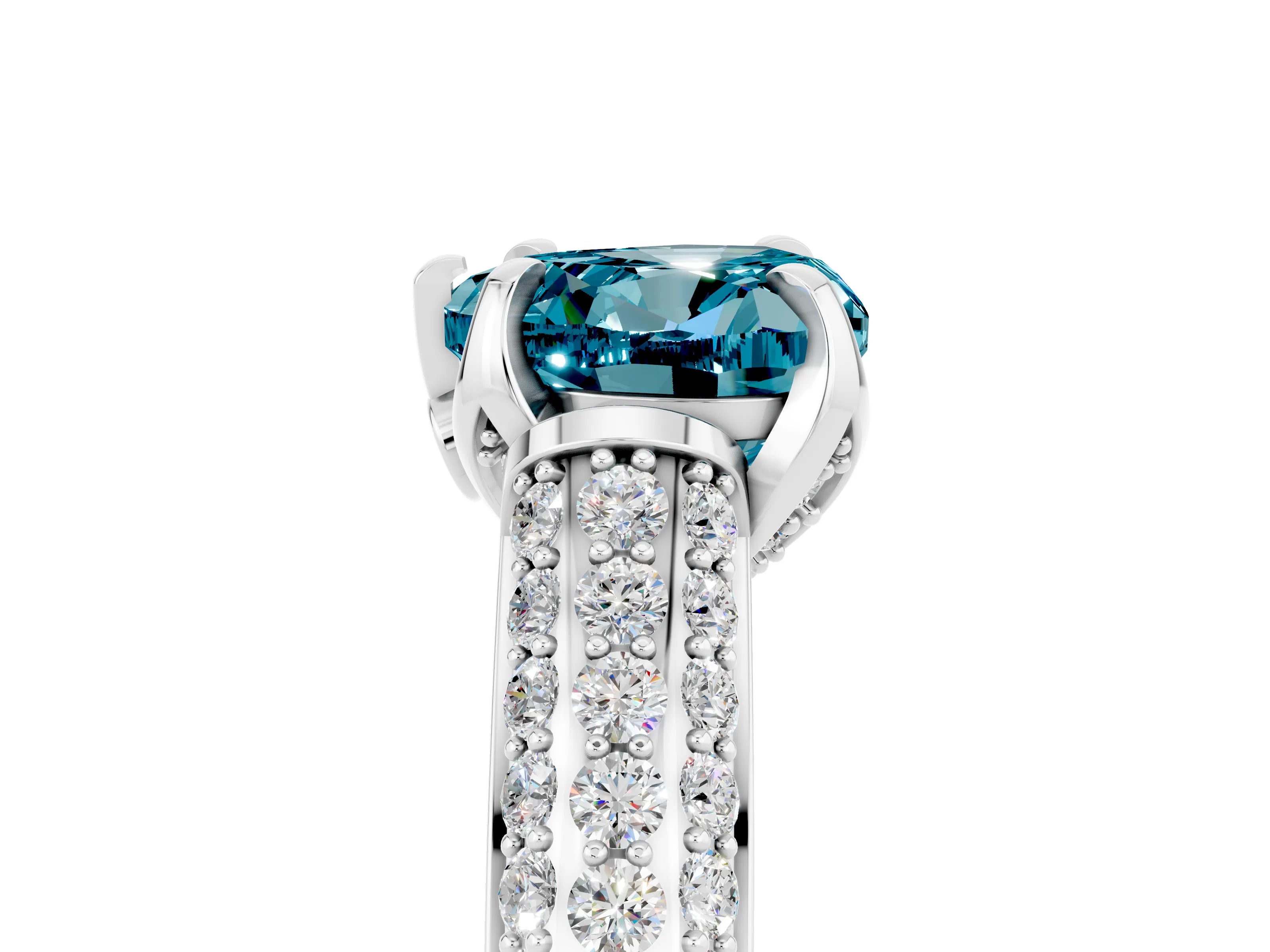 White gold Heart Cut Blue Topaz Solitaire Ring with Three-Row Pavé Band and Four-Prong Setting_17