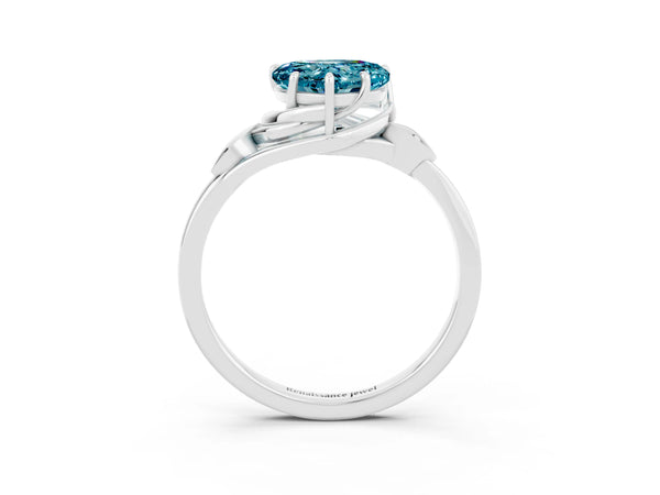 White gold Heart Cut Blue Topaz Solitaire Ring with Twist Band and Four-Prong Setting