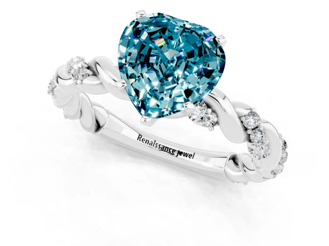 White gold Heart Cut Blue Topaz Solitaire Ring with Twisted Band and Pavé Accents_1