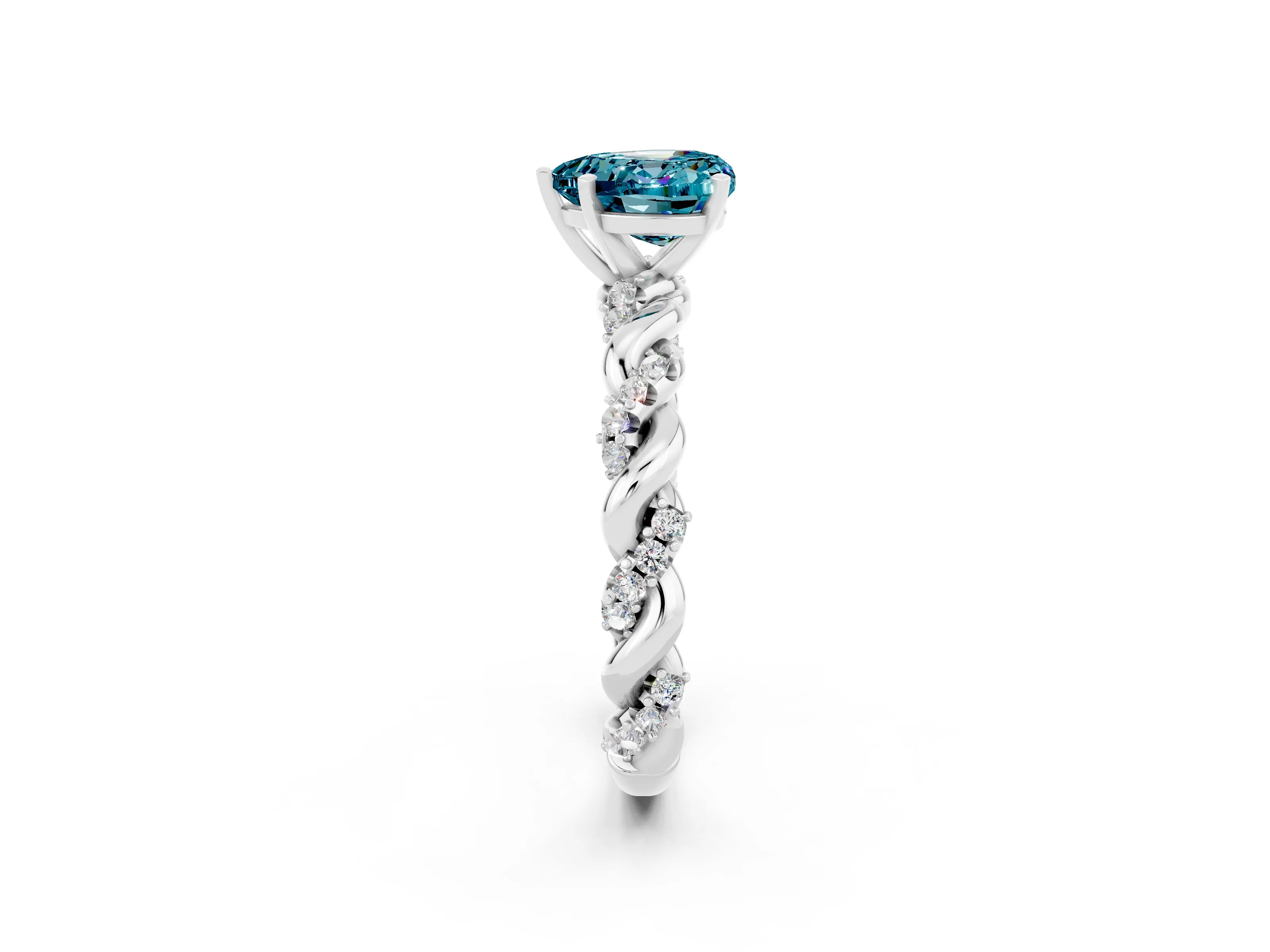 White gold Heart Cut Blue Topaz Solitaire Ring with Twisted Band and Pavé Accents_2