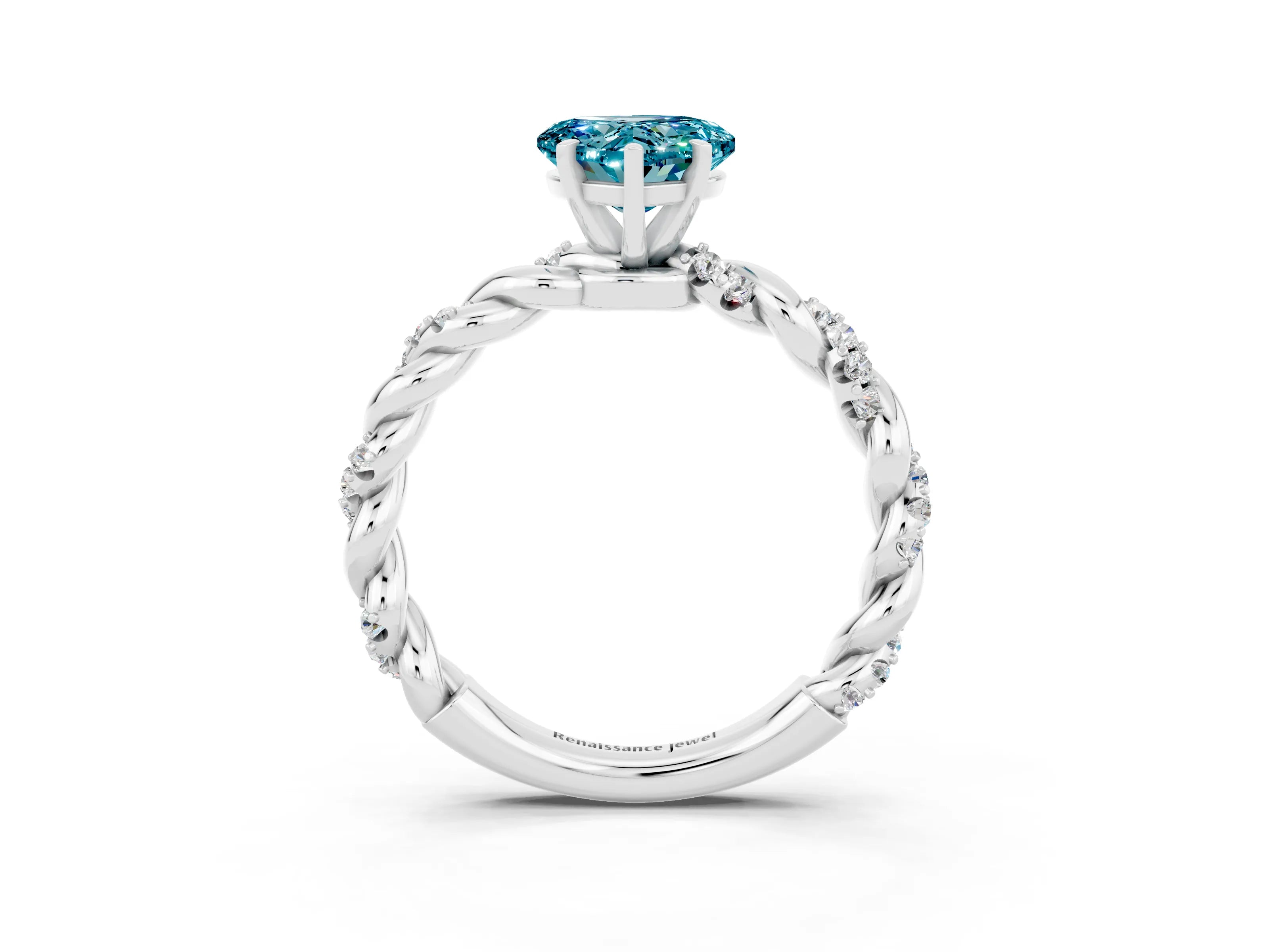 White gold Heart Cut Blue Topaz Solitaire Ring with Twisted Band and Pavé Accents_3