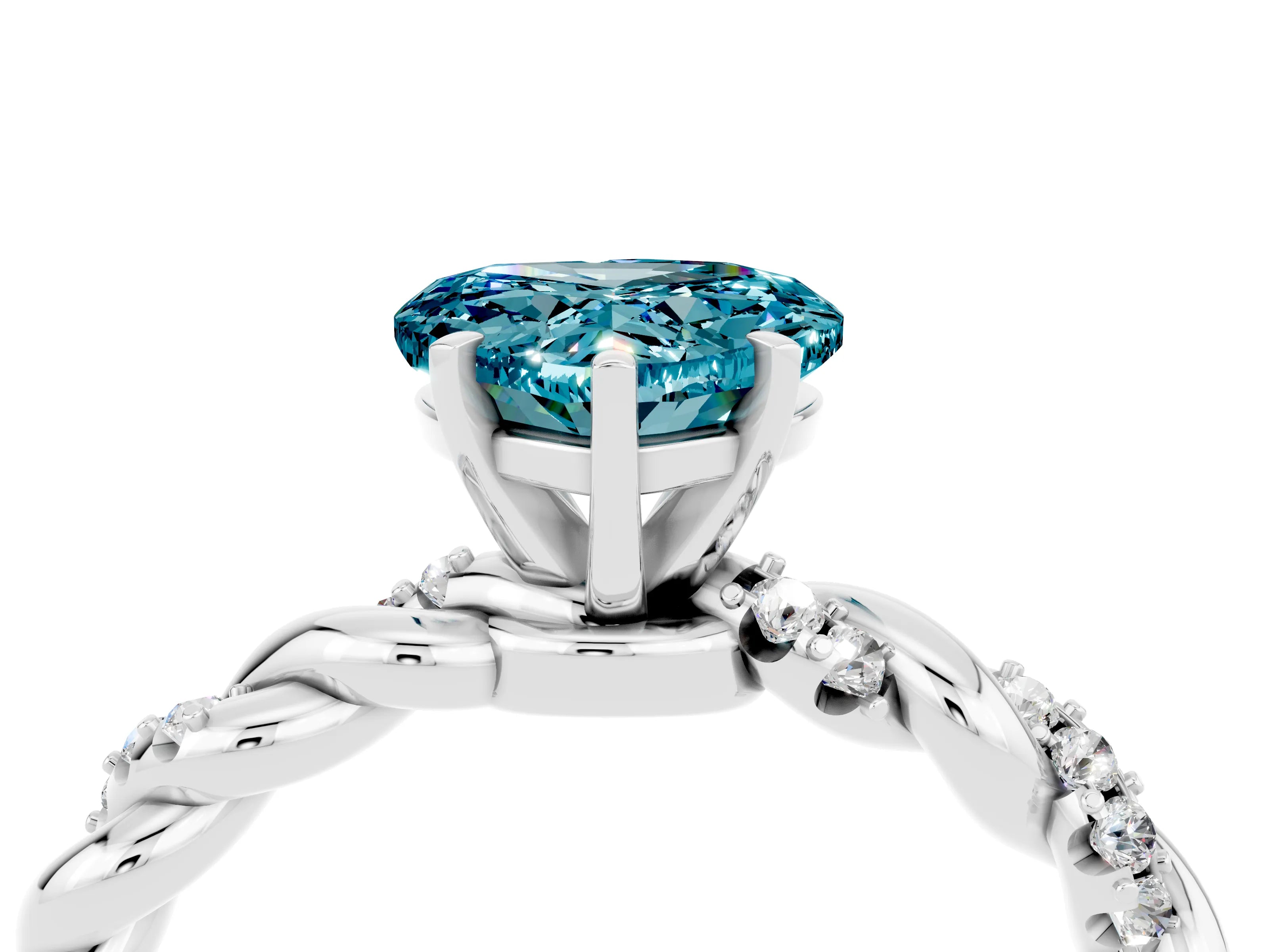 White gold Heart Cut Blue Topaz Solitaire Ring with Twisted Band and Pavé Accents_4