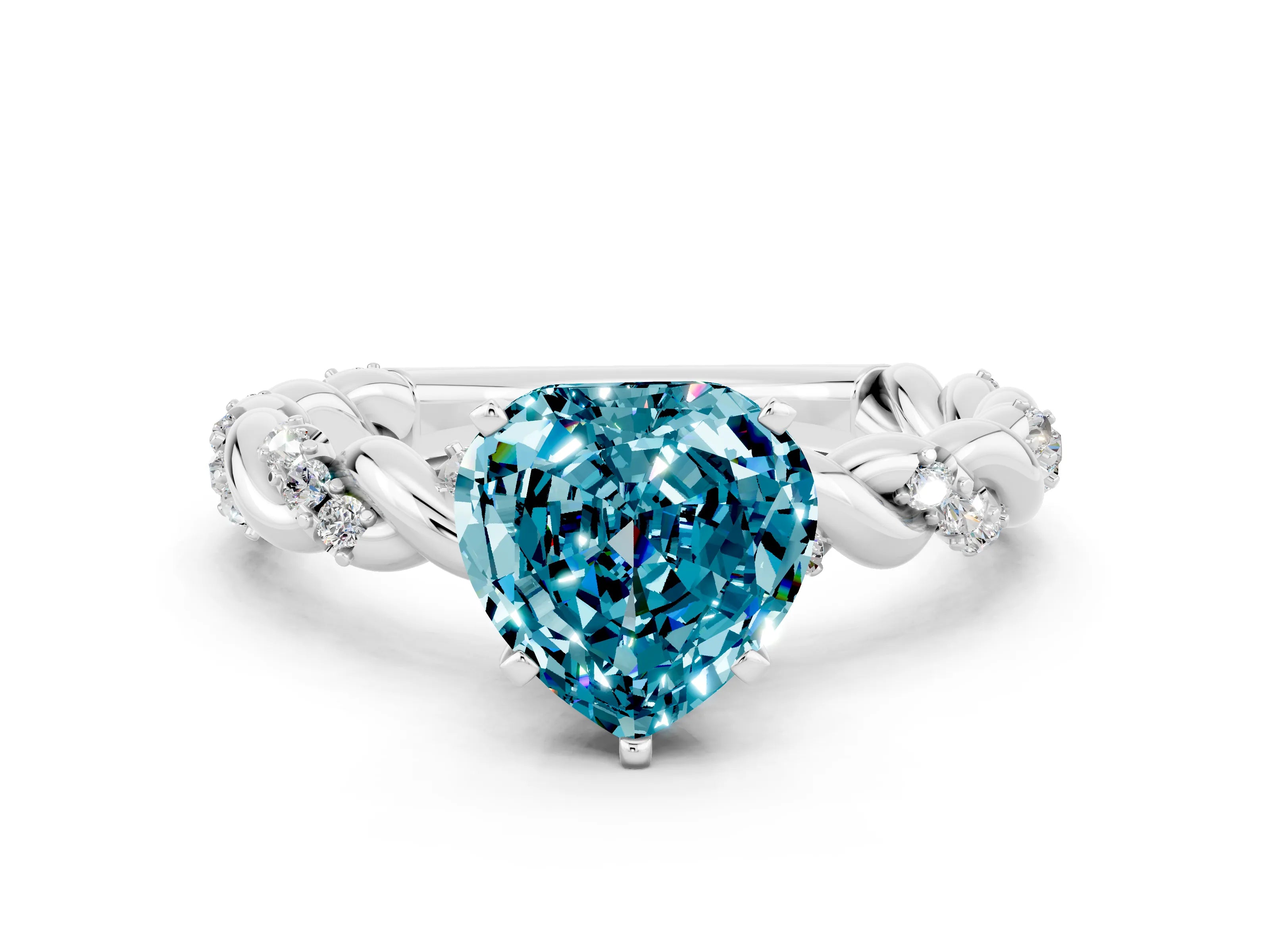 White gold Heart Cut Blue Topaz Solitaire Ring with Twisted Band and Pavé Accents