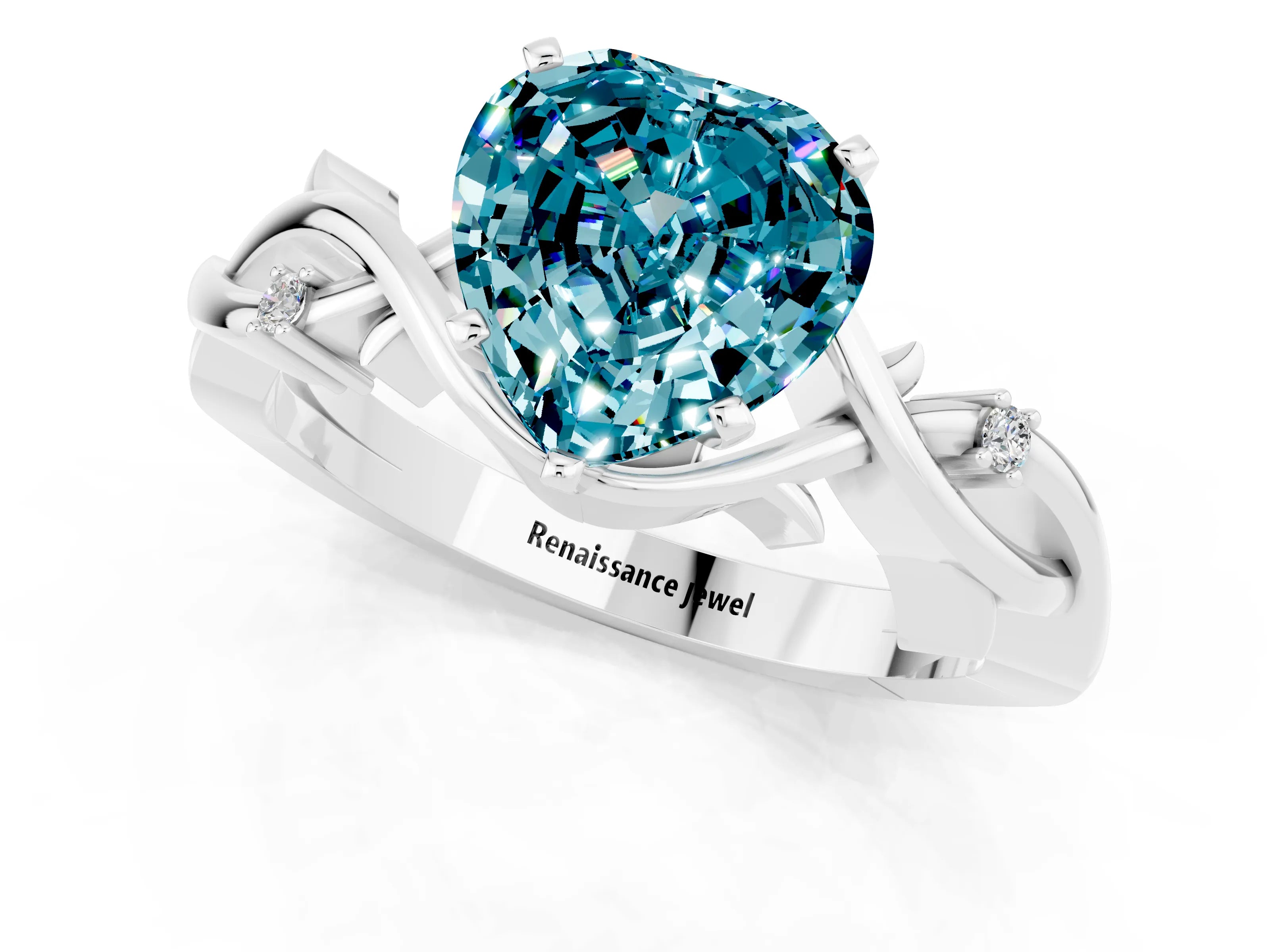 White gold Heart Cut Blue Topaz Solitaire Ring with Twisted Band and Prong Setting_1