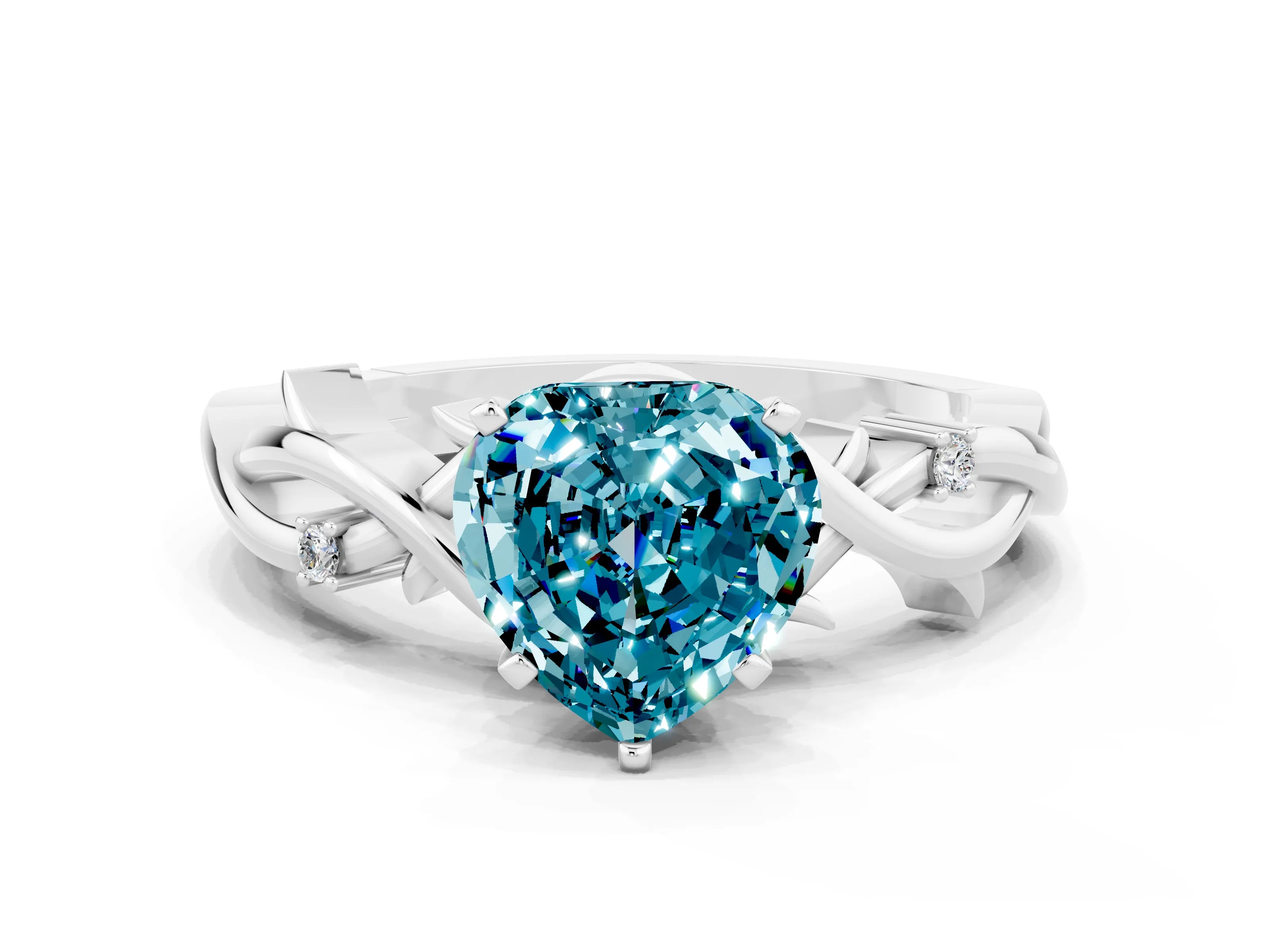 White gold Heart Cut Blue Topaz Solitaire Ring with Twisted Band and Prong Setting_12