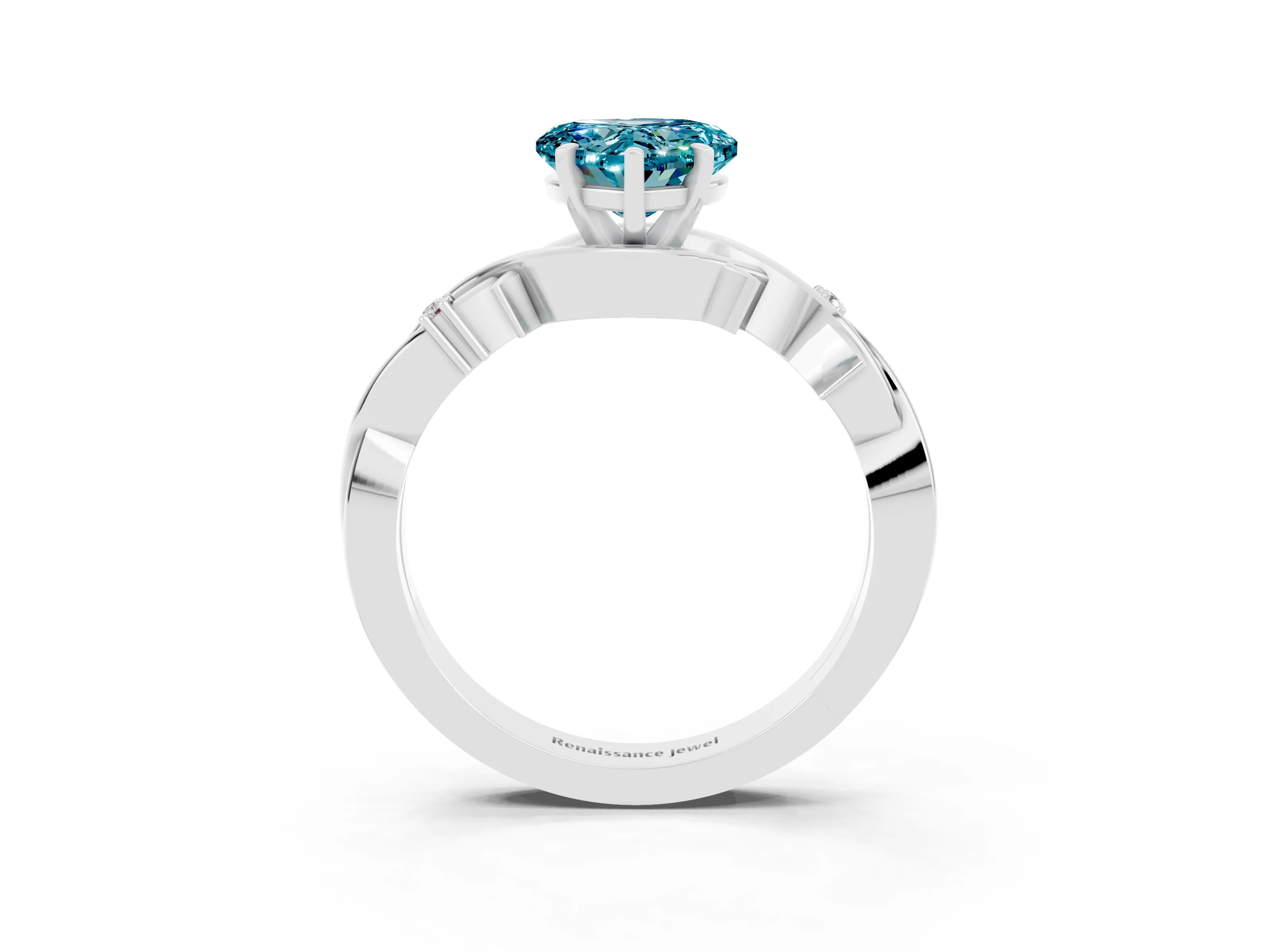 White gold Heart Cut Blue Topaz Solitaire Ring with Twisted Band and Prong Setting_3