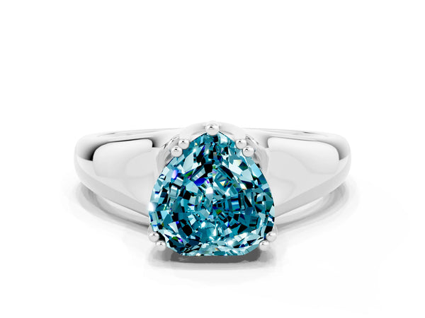 White gold Heart Cut Blue Topaz Solitaire Ring with Wide Band and Prong Setting