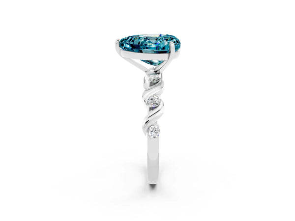 Silver Heart Cut Blue Topaz Solitaire Twisted Band with Round  Accents and Prong Setting